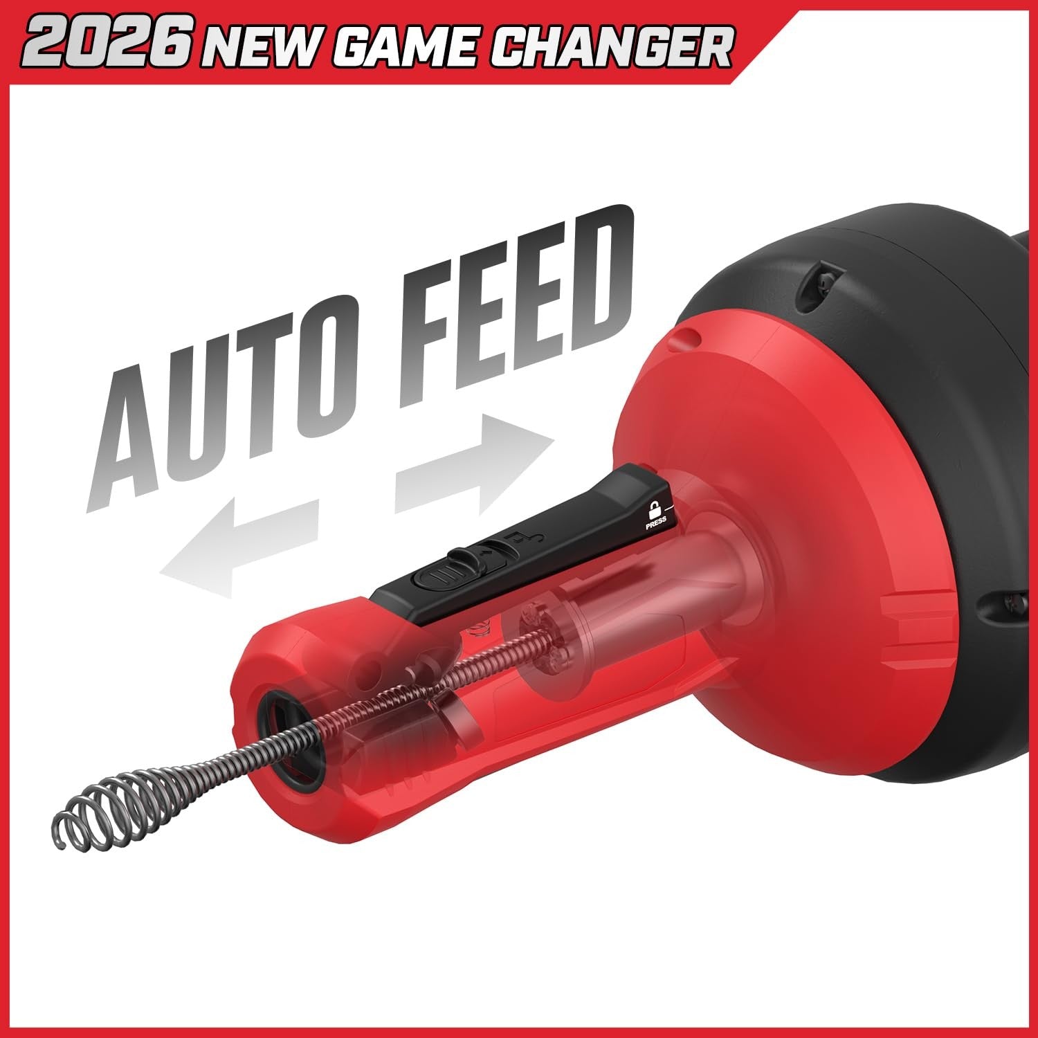 Populo auto-feed 17ft drain snake auger for plumbing, shown coiled and ready for clearing sink, shower, or tub clogs.