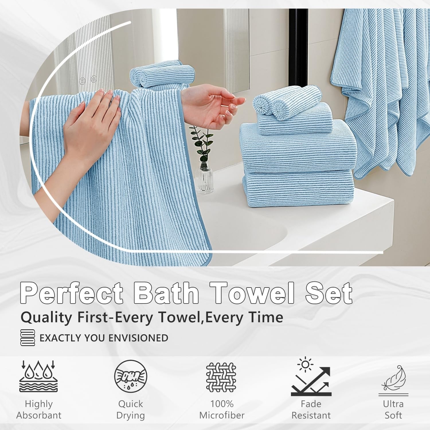 Jessy Home 8-piece microfiber towel set includes large bath sheets and hand towels in soft, plush fabric for hotel-style bathroom use.