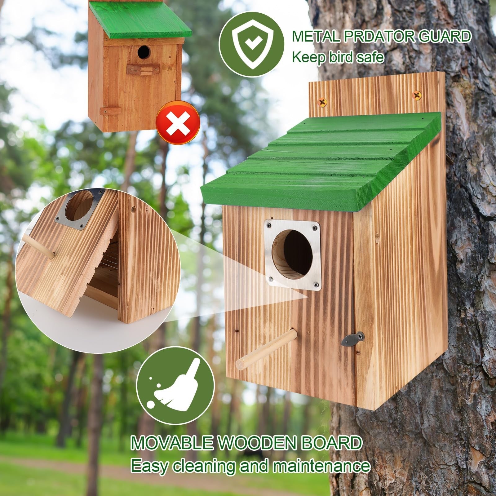 Blue wooden bird houses for outdoors by hoamayya, 4-pack with predator guard, designed for bluebirds and other small garden birds.
