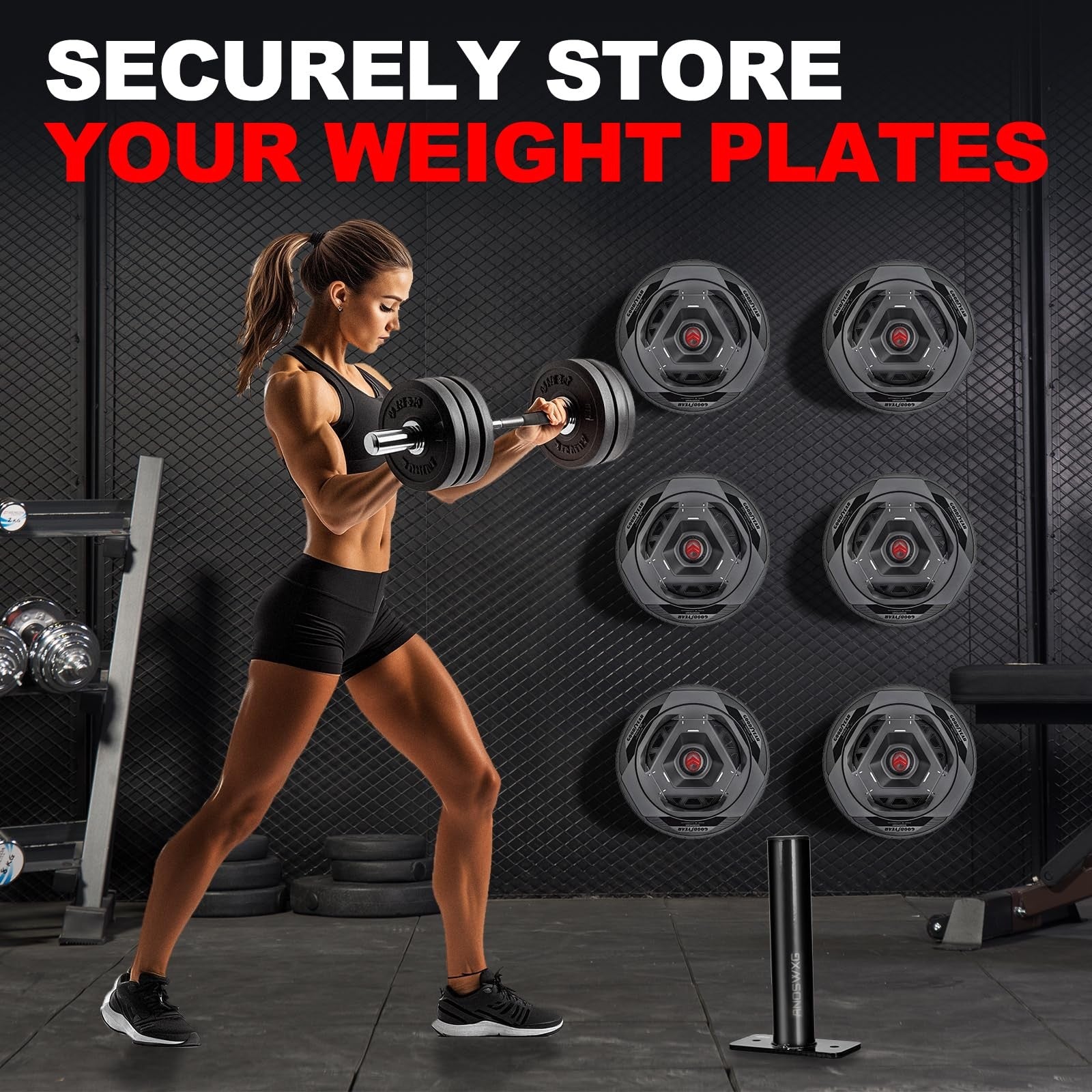 ANOSWXG wall-mounted strength training plate storage rack holding 2-inch weight plates, heavy-duty metal construction.