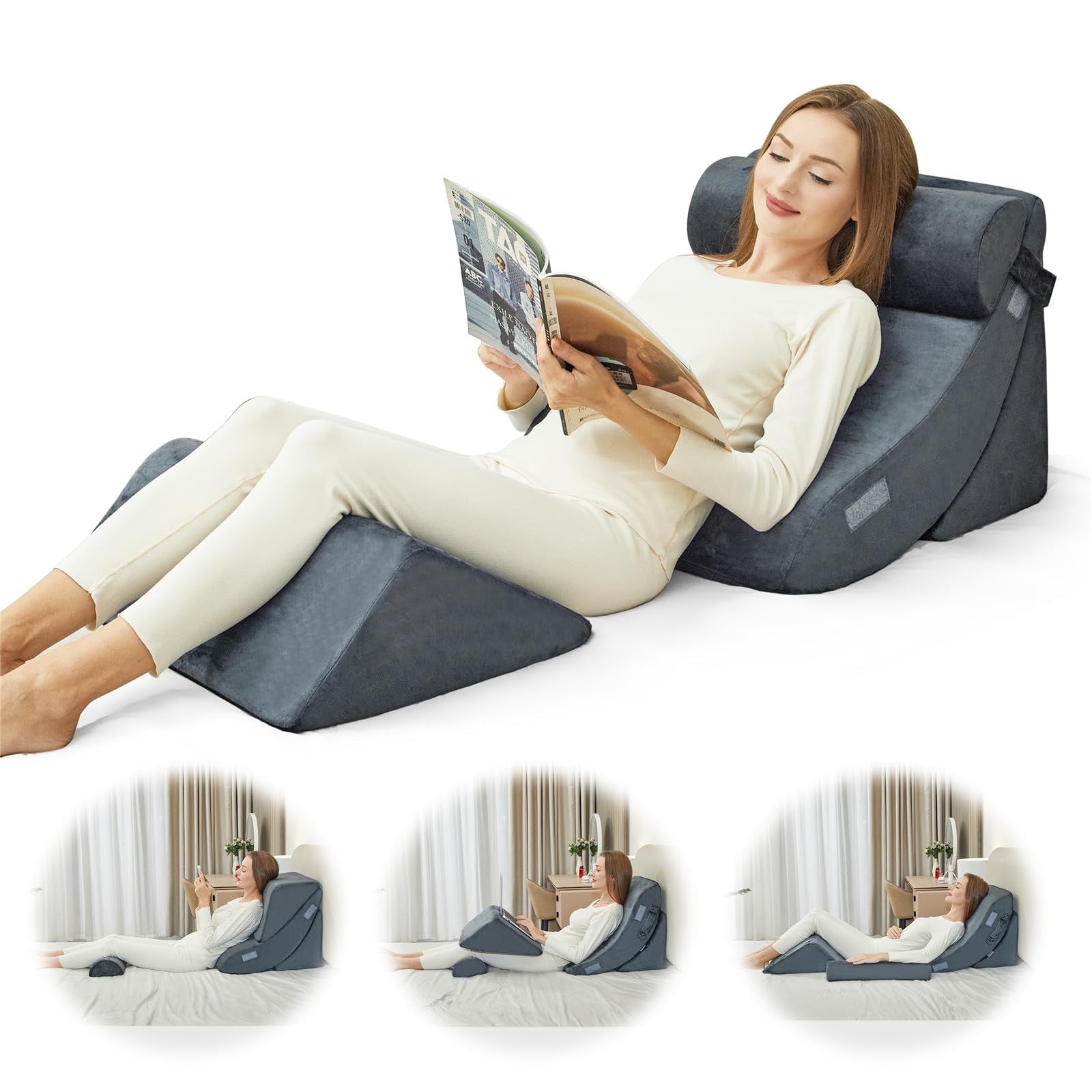 PIASHJOY 4-piece bed wedge pillow set for sleeping and acid reflux relief, showing comfortable, angled pillows on a bed.