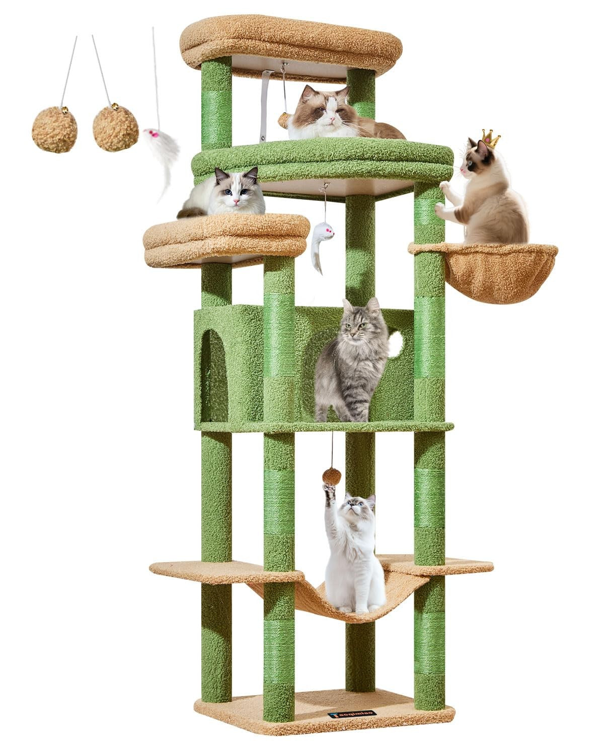 Taoqimiao 71-inch multi-level cat tree with three large perches for big cats up to 20 lbs, featuring a sturdy design.