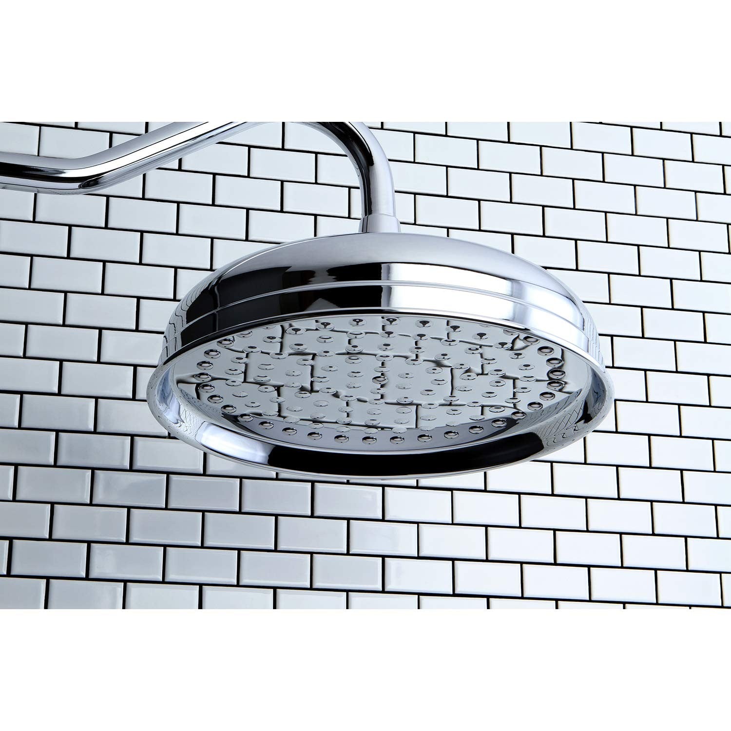 Kingston Brass Victorian Raindrop Showerhead in polished chrome, 10-inch diameter, with a classic Victorian design.