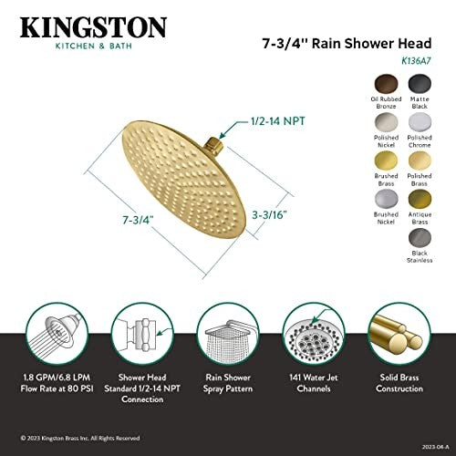 Kingston Brass Designer Trimscape Showerscape 8-inch round shower head in polished finish, mounted on bathroom wall.
