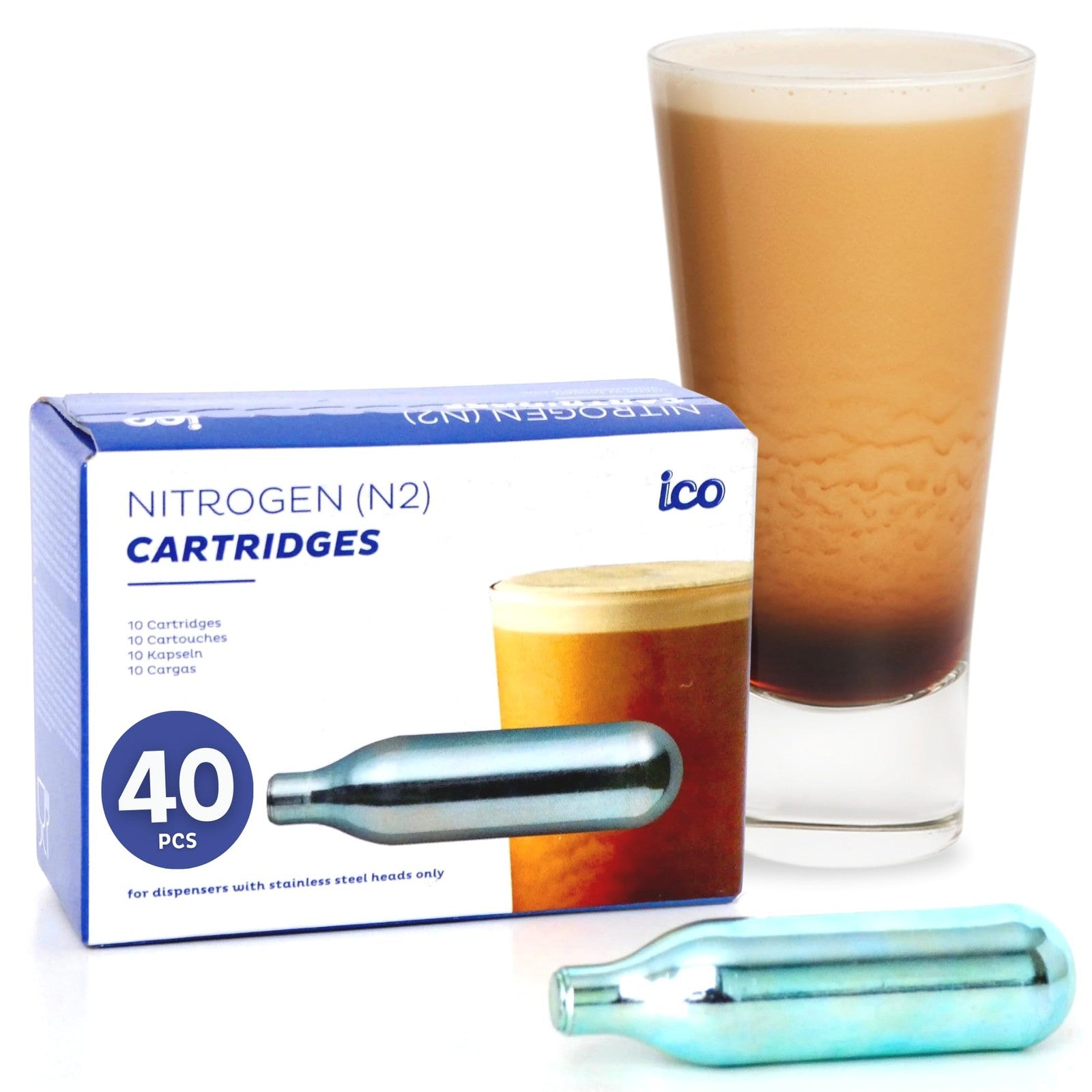 ICO 40-pack nitrogen cartridges for cold brew coffee maker, N2 cartridges for nitrogen infusion in coffee brewing.