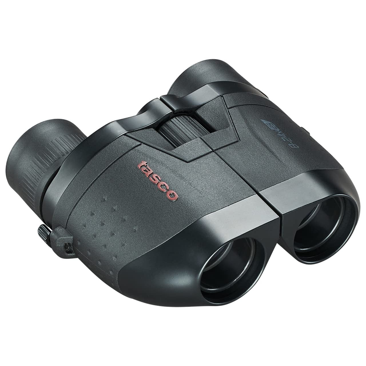 TASCO Essentials 8-24x25 binoculars with compact design, black body, and adjustable zoom for outdoor viewing.