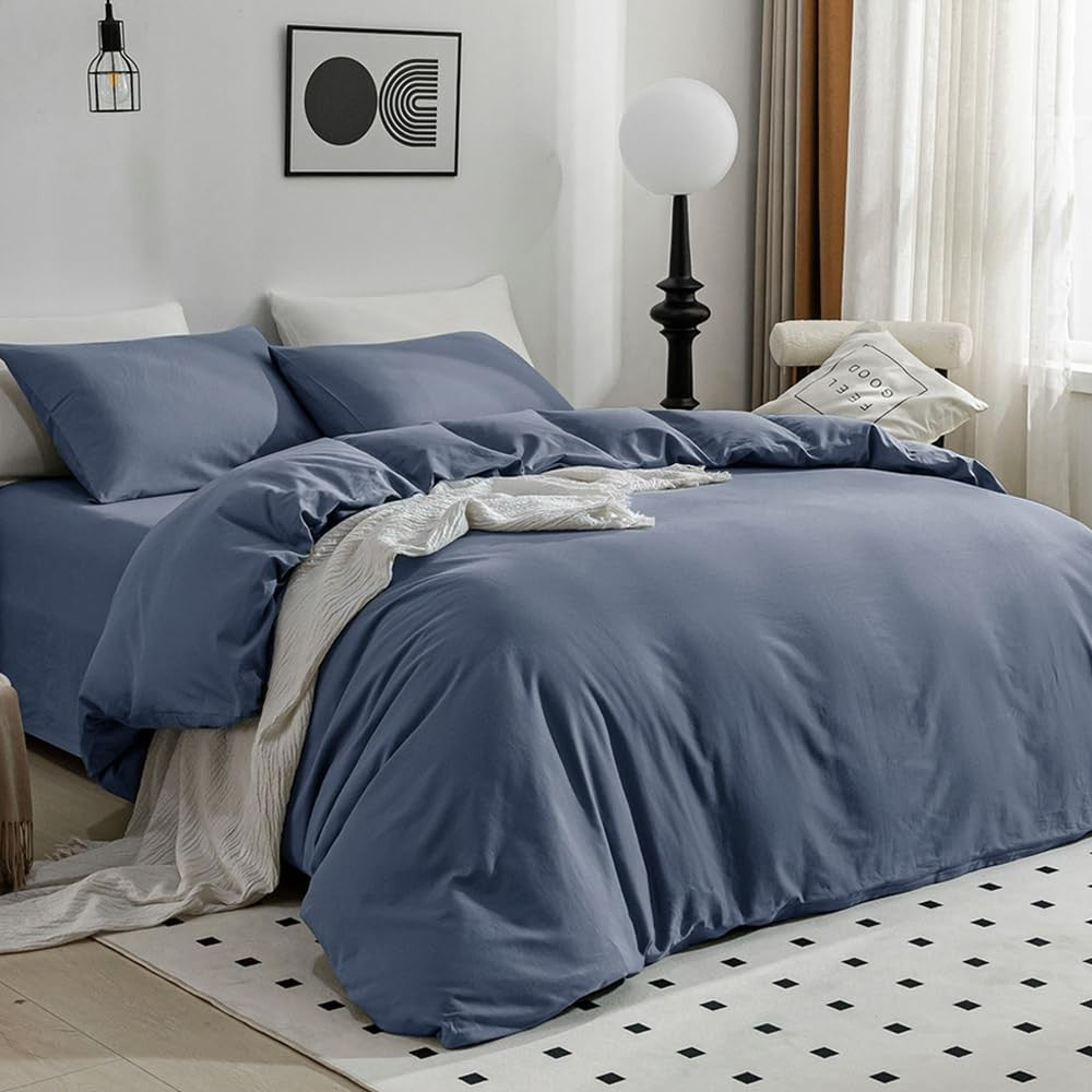 Jellymoni queen size duvet cover in 100% washed cotton linen-like fabric, displaying a soft, textured bedding design.