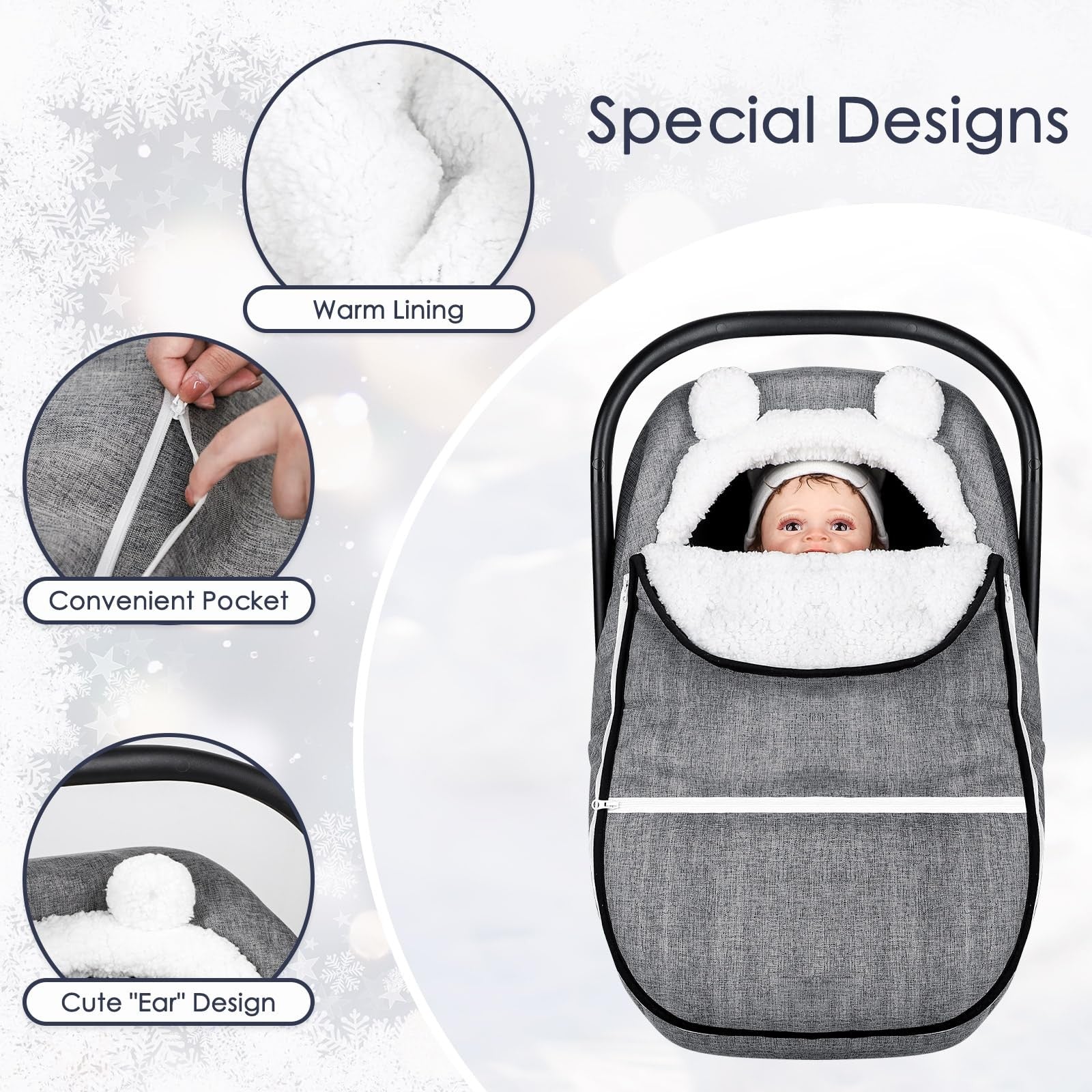 CARUILI winter baby car seat cover in plush fabric, super warm and windproof for girl or boy, designed for comfort and protection.