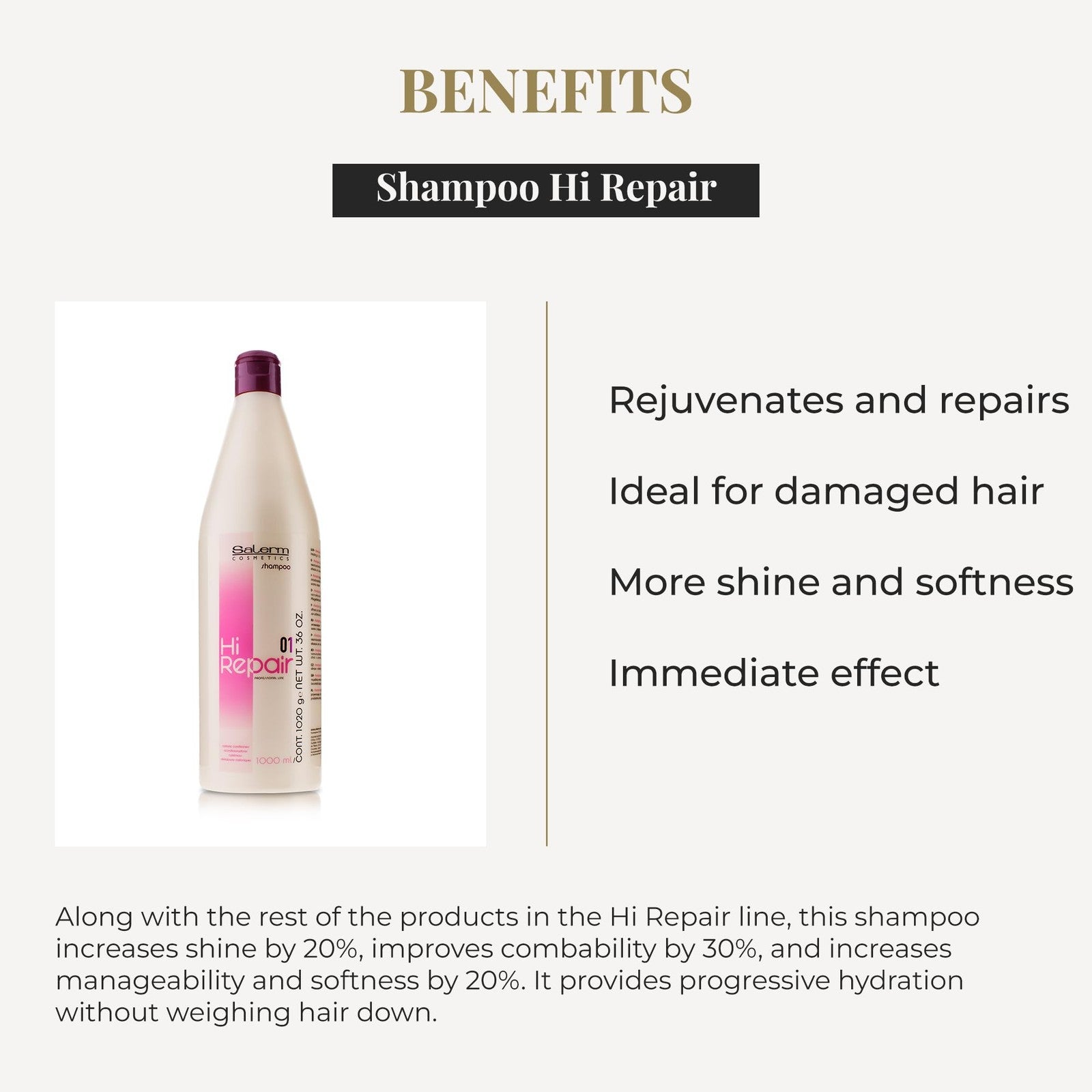 SALERM Hi Repair Shampoo 1000 ml bottle with deep hydration for damaged hair, featuring a sleek white and purple design.