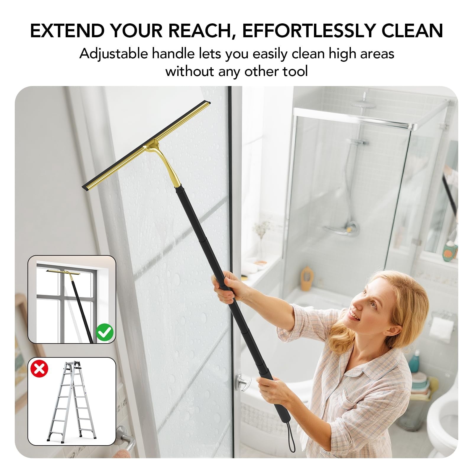Rakovar shower squeegee with long telescopic handle, ideal for window and shower glass cleaning, extends from 15 to 51 inches.