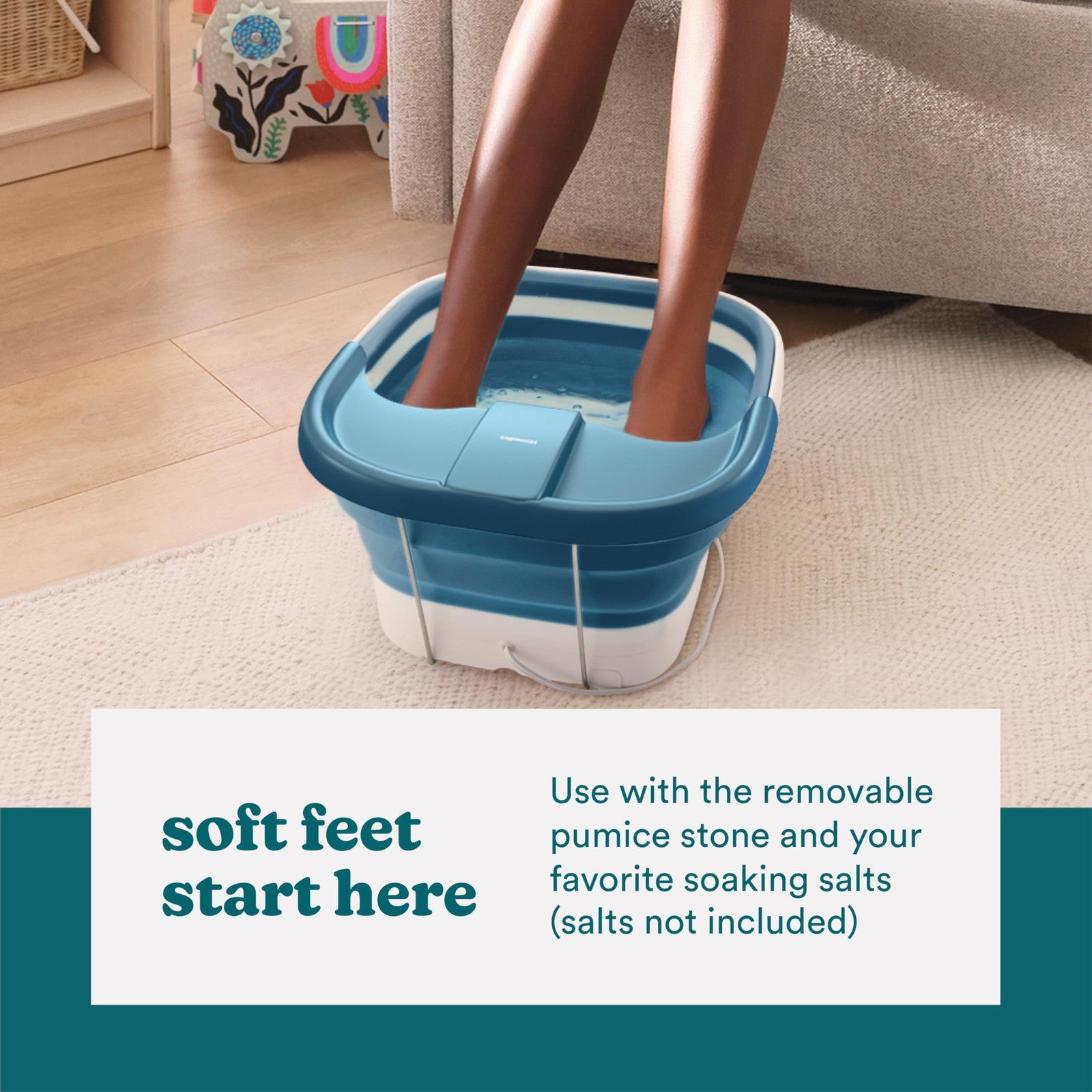 Homedics Smart Space Bubble Mate collapsible foot spa with heat maintenance and bubble massage for relaxing foot soak.