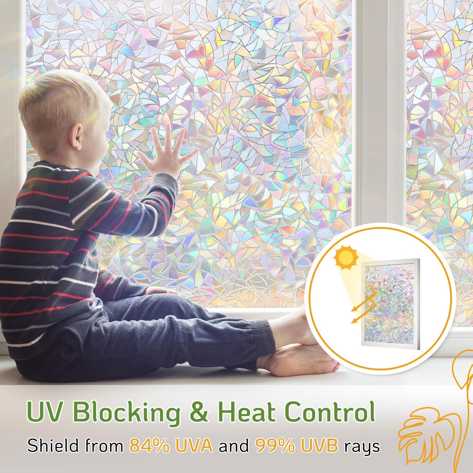 LUTE rainbow stained glass window film with 3D decorative pattern, designed for privacy and aesthetic enhancement of windows.