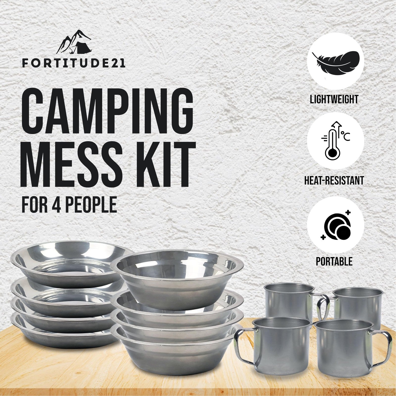 Fortitude21 4-person camping mess kit with utensils, plates, and cups for outdoor picnics and camping trips.
