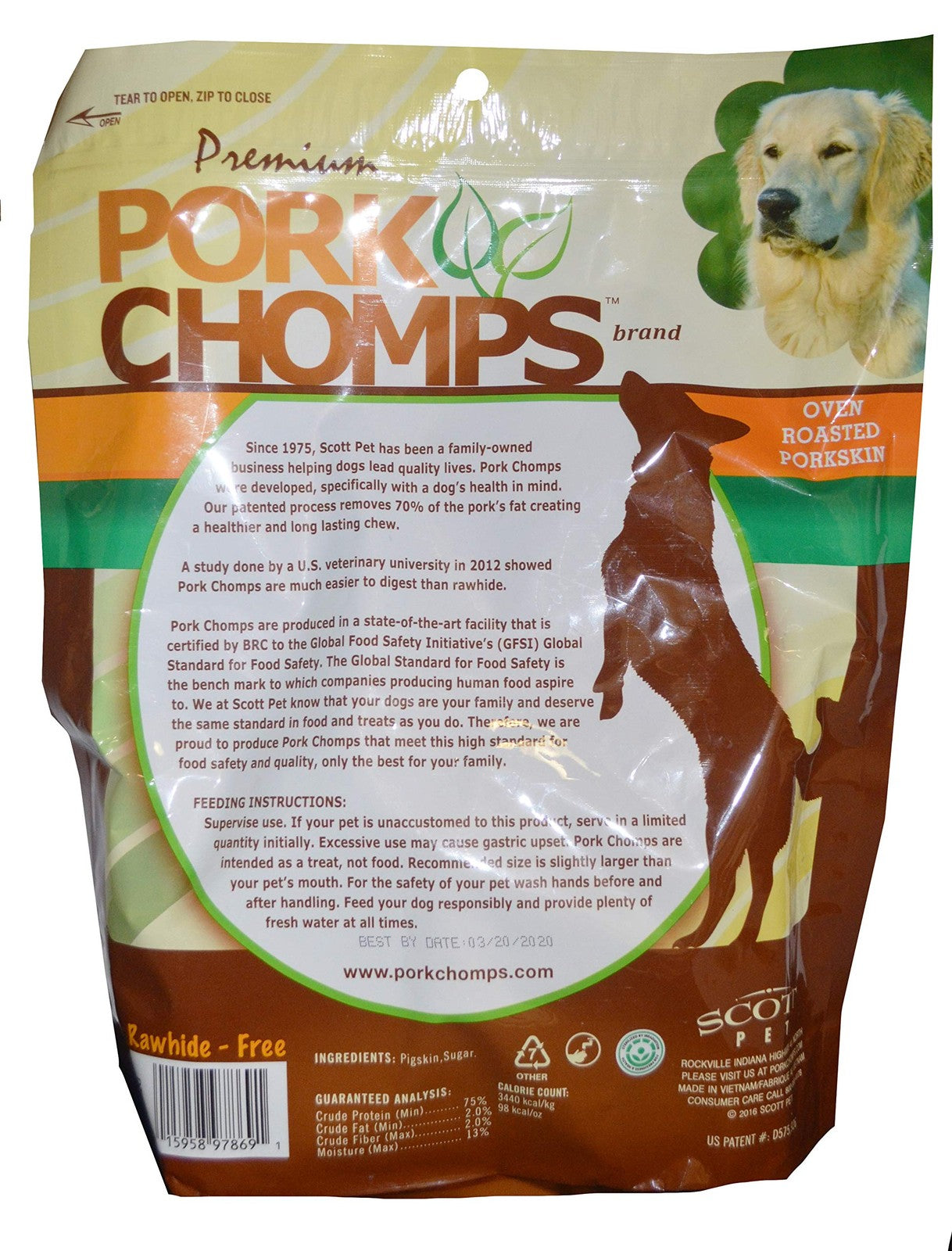 Scott Pet Pork Chomps roasted pork skin dog chews in ear and rib shapes bundle, 20-piece natural dog treat assortment.