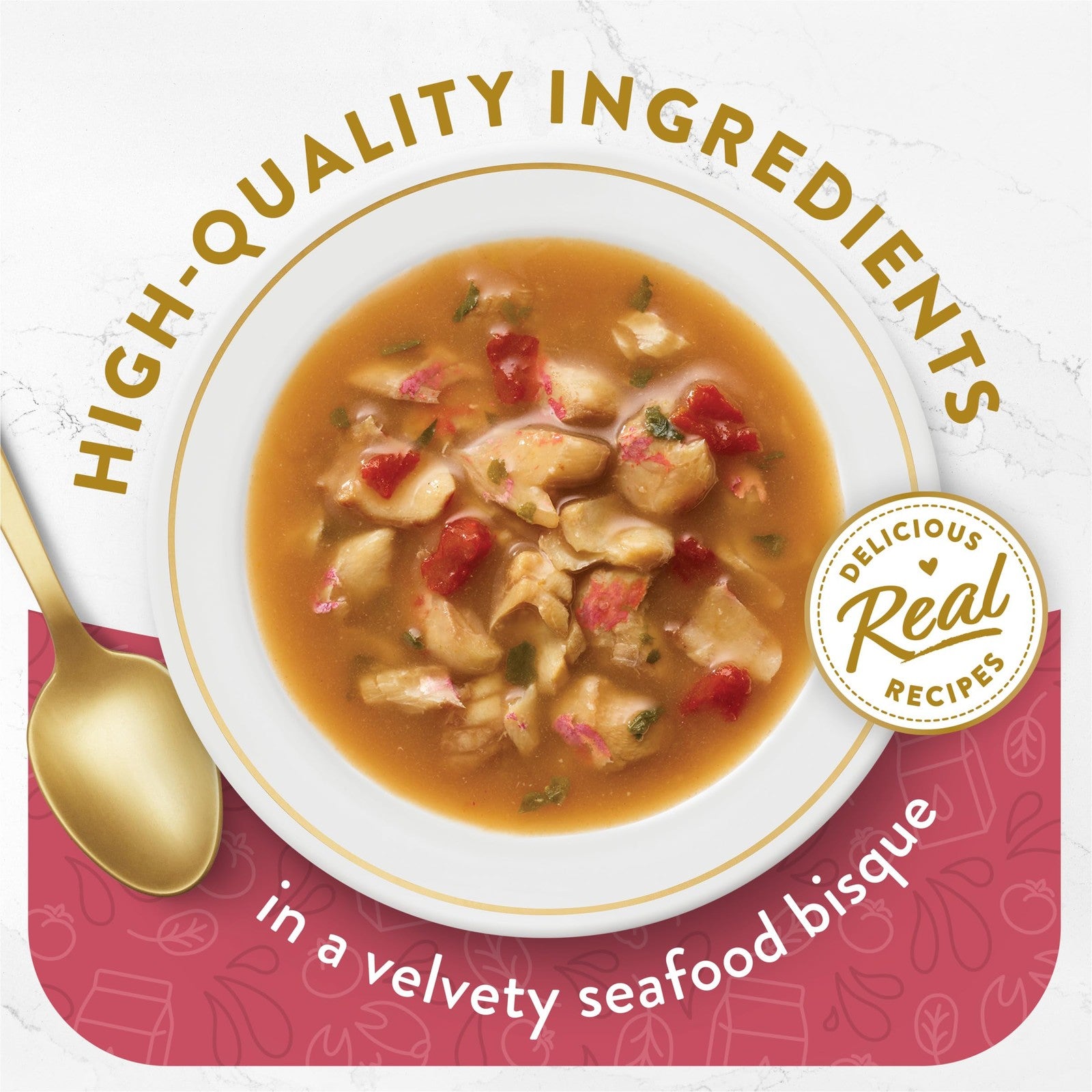 Fancy Feast Purina seafood bisque and lobster wet cat food topper in 1.4 oz pouch, featuring a savory seafood blend for cats.