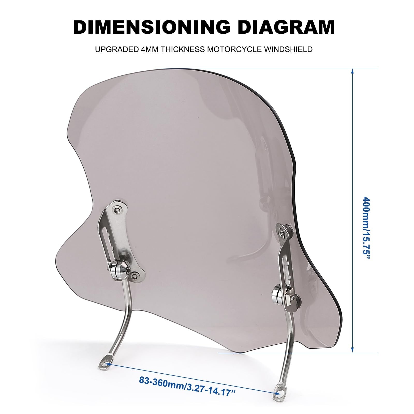 Mokuo universal motorcycle windshield in clear PC material, 4mm thickness, with aerodynamic design for enhanced rider protection.