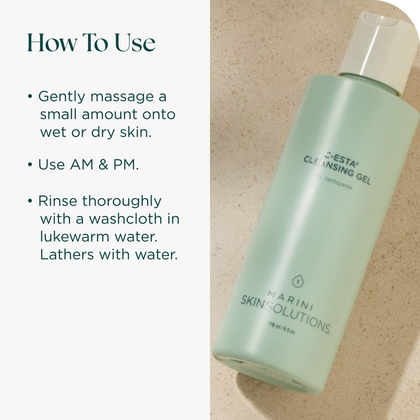 Marini SkinSolutions C-ESTA Cleansing Gel with Vitamin C and DMAE for face, gentle skin cleanser with cruelty-free formula.