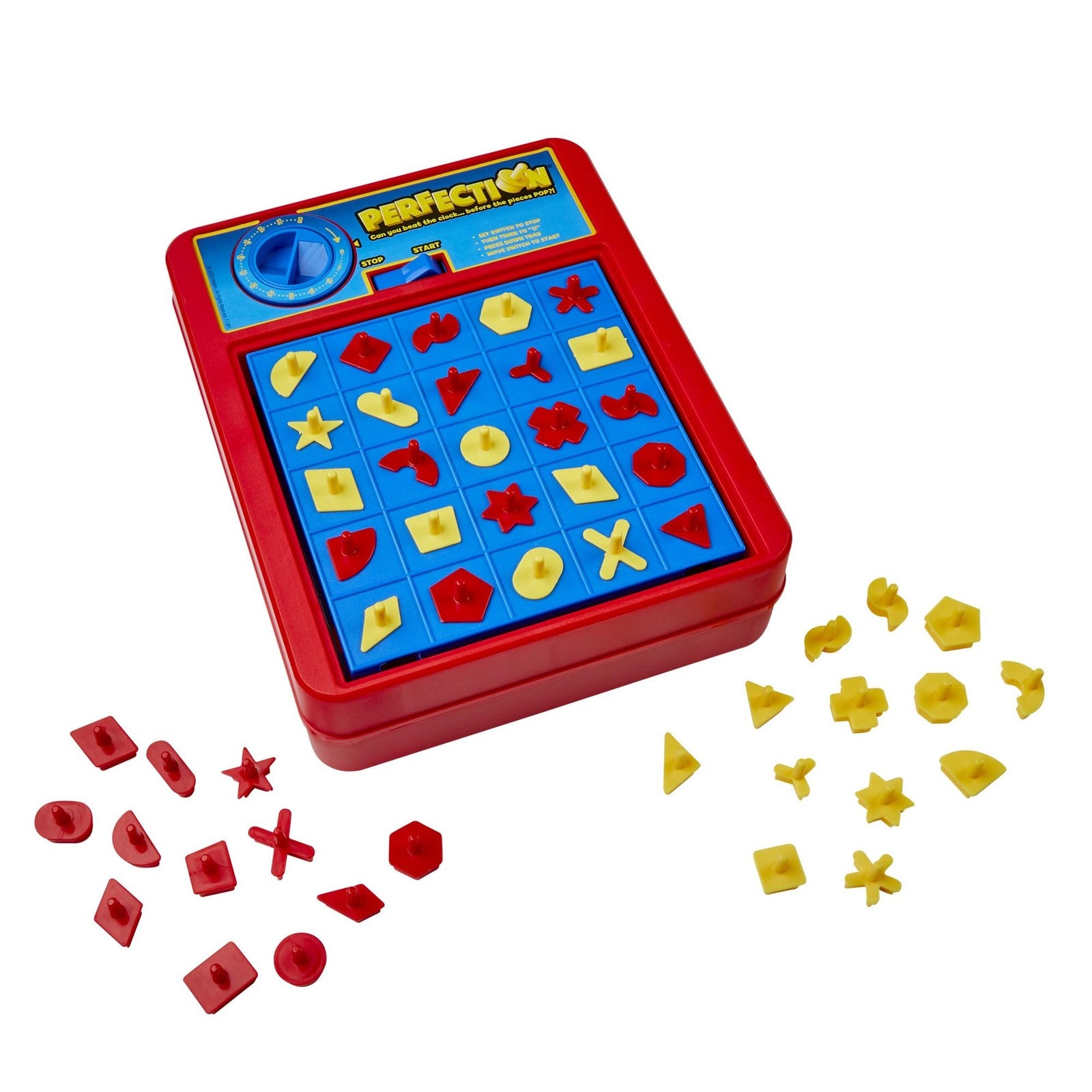 Hasbro Gaming Perfection Plus 2-player duel mode game with colorful popping shapes and game pieces for ages 8 and up.
