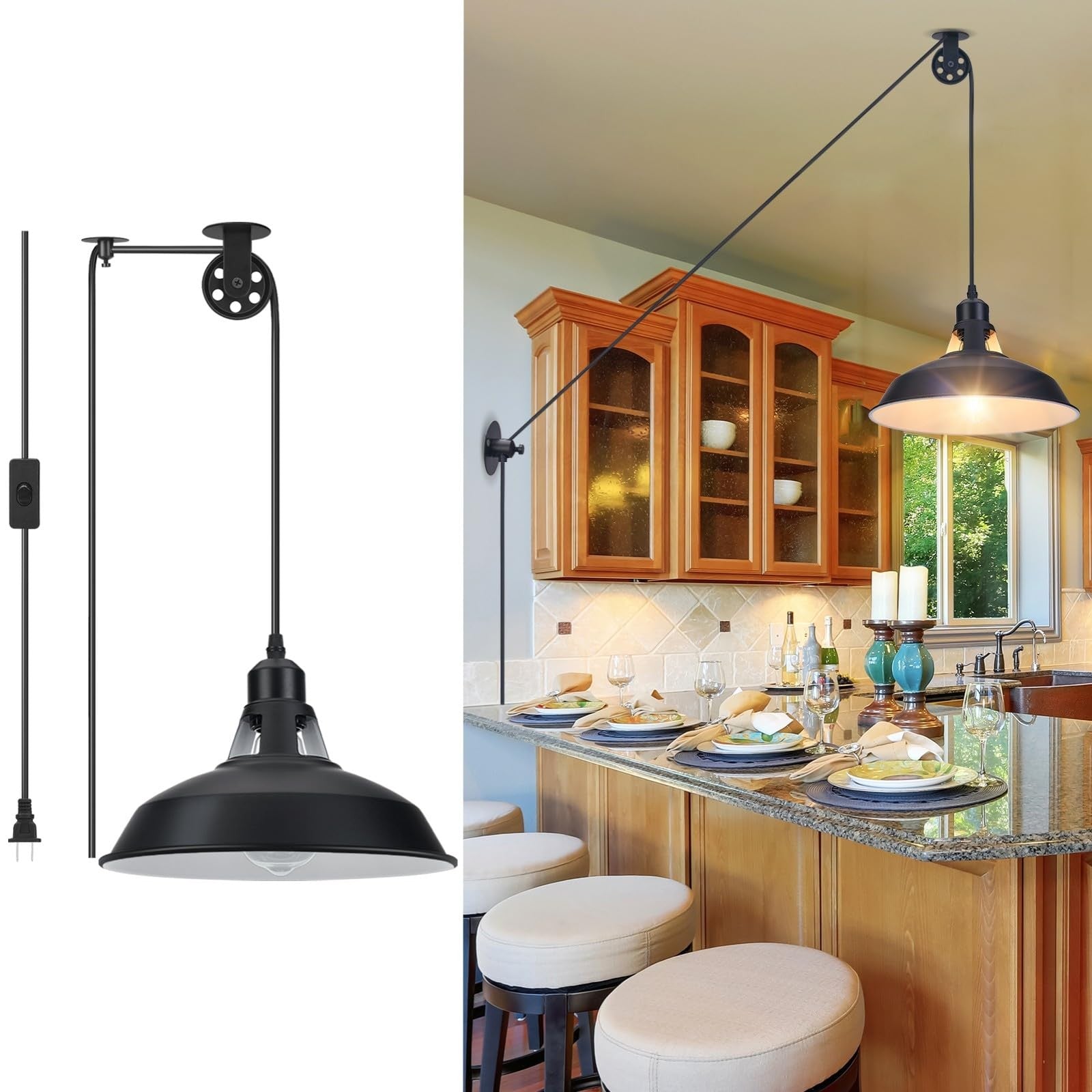 Lomoky industrial plug-in pulley pendant light with on/off switch and 14.76ft cord, hanging from ceiling with exposed bulb.