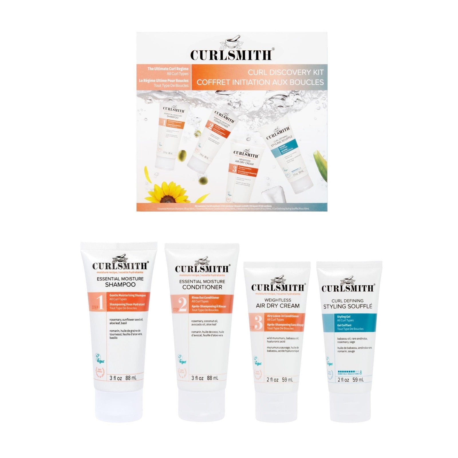 Curlsmith Curl Discovery Kit with moisturizing products for hydrating and defining curly hair, featuring bottles and styling accessories.