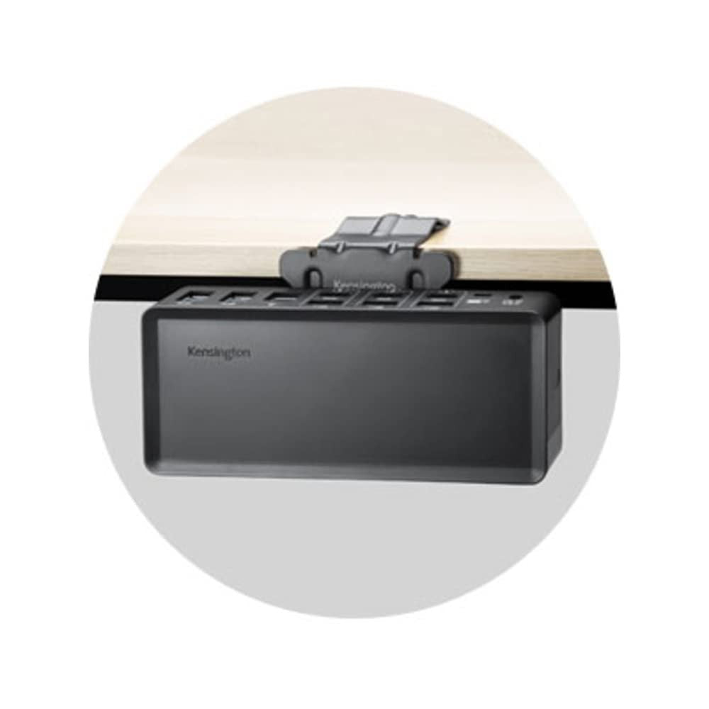 Kensington VESA-compatible docking station mounting bracket with adjustable clamp for secure wall or desk installation.