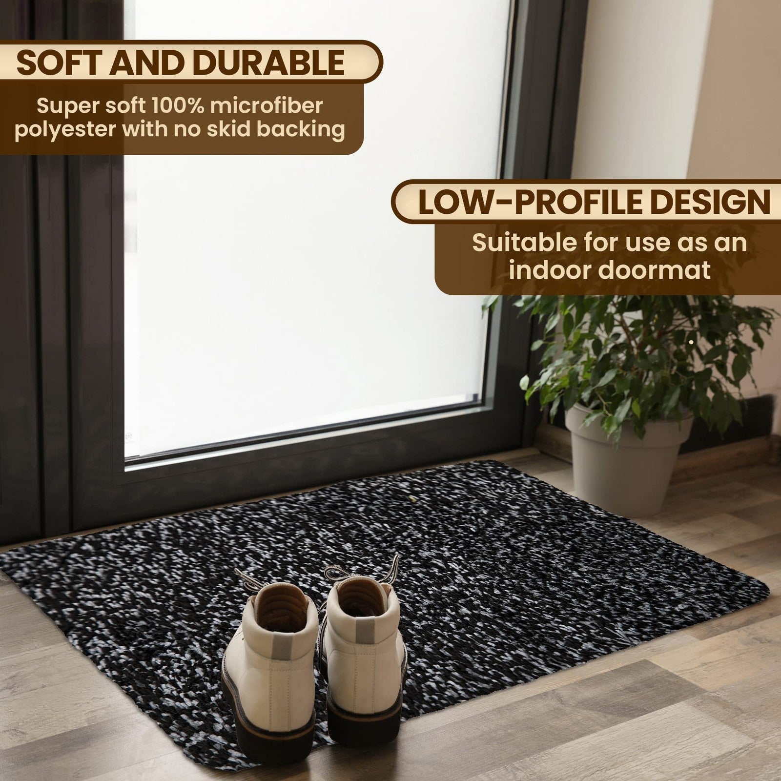 Microfiber indoor door mat with non-slip backing, washable entry rug measuring 24x36 inches for indoor use.
