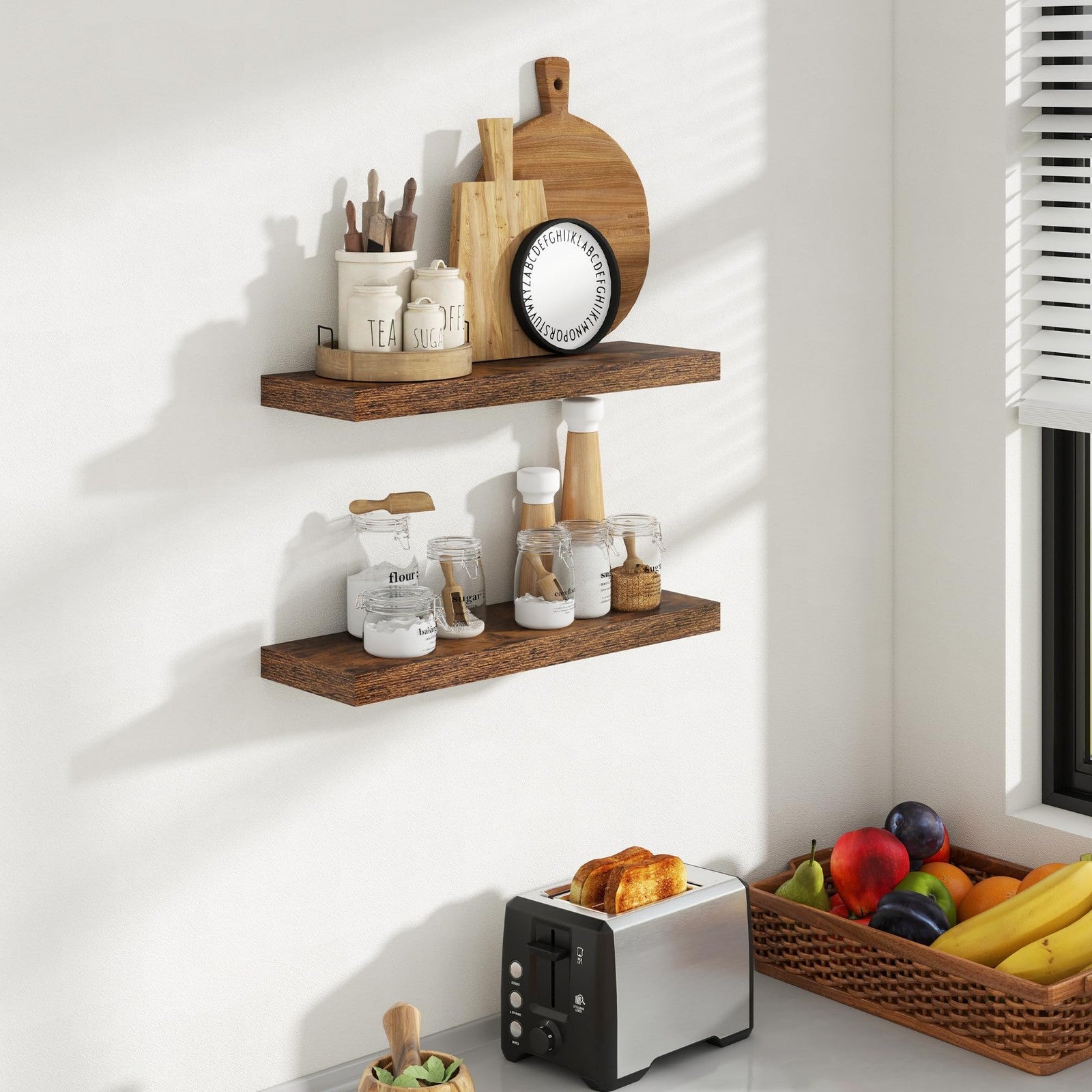 Acovy 24-inch floating wall shelves, 8-inch deep, shown mounted on a wall with decorative items placed on top.