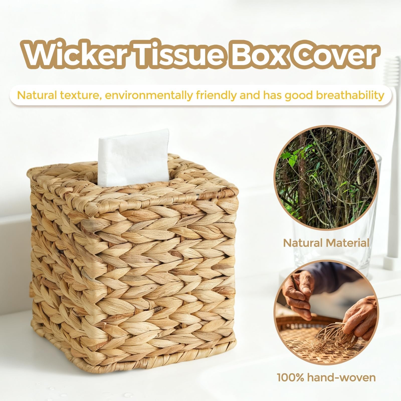 KALEKAIL 4-pack wicker tissue box cover set with square rattan design, boho style tissue holder for home decor.