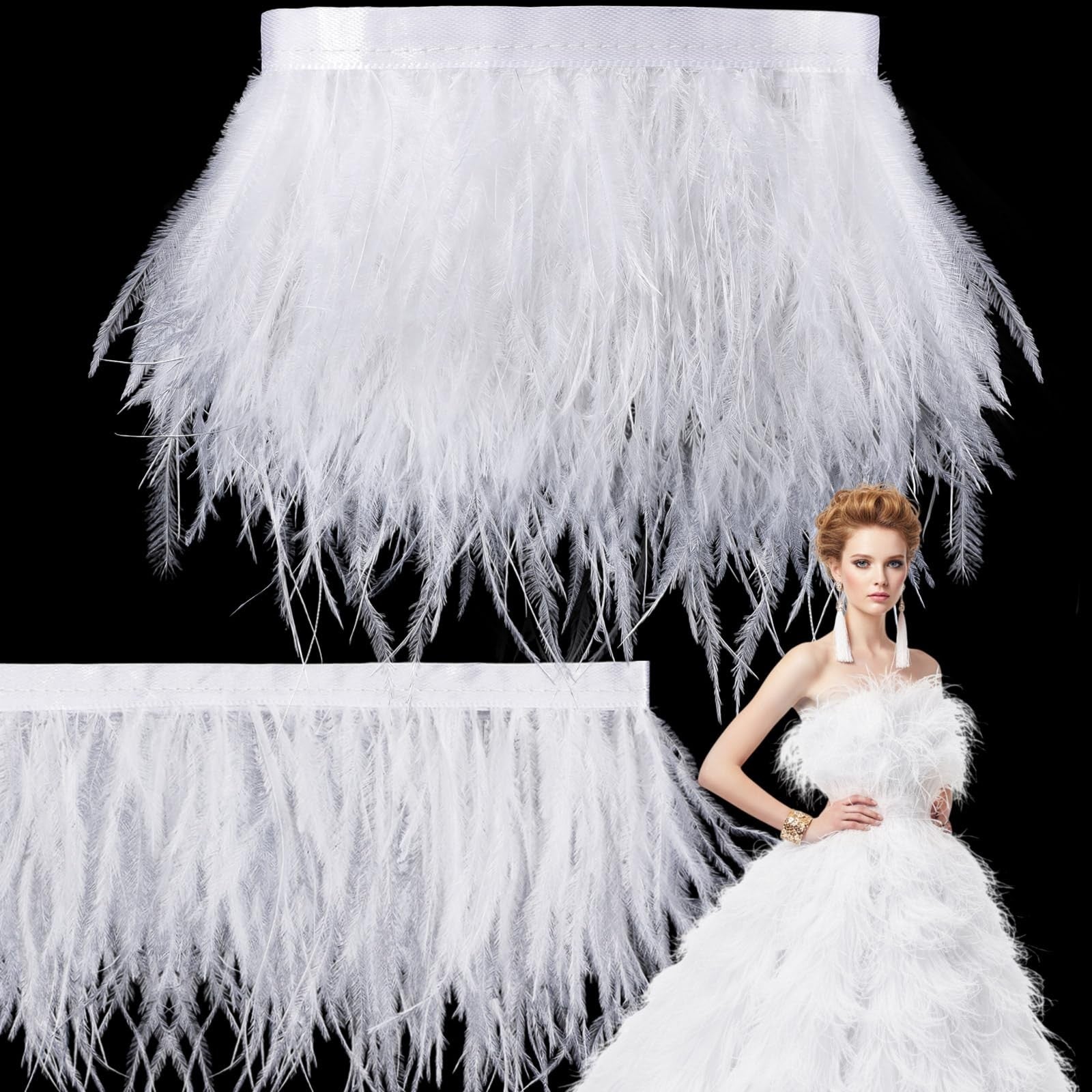 Janinka 10 yards white ostrich feathers trim, 3-4 inch fringe feathers for fashion, crafts, and decoration projects