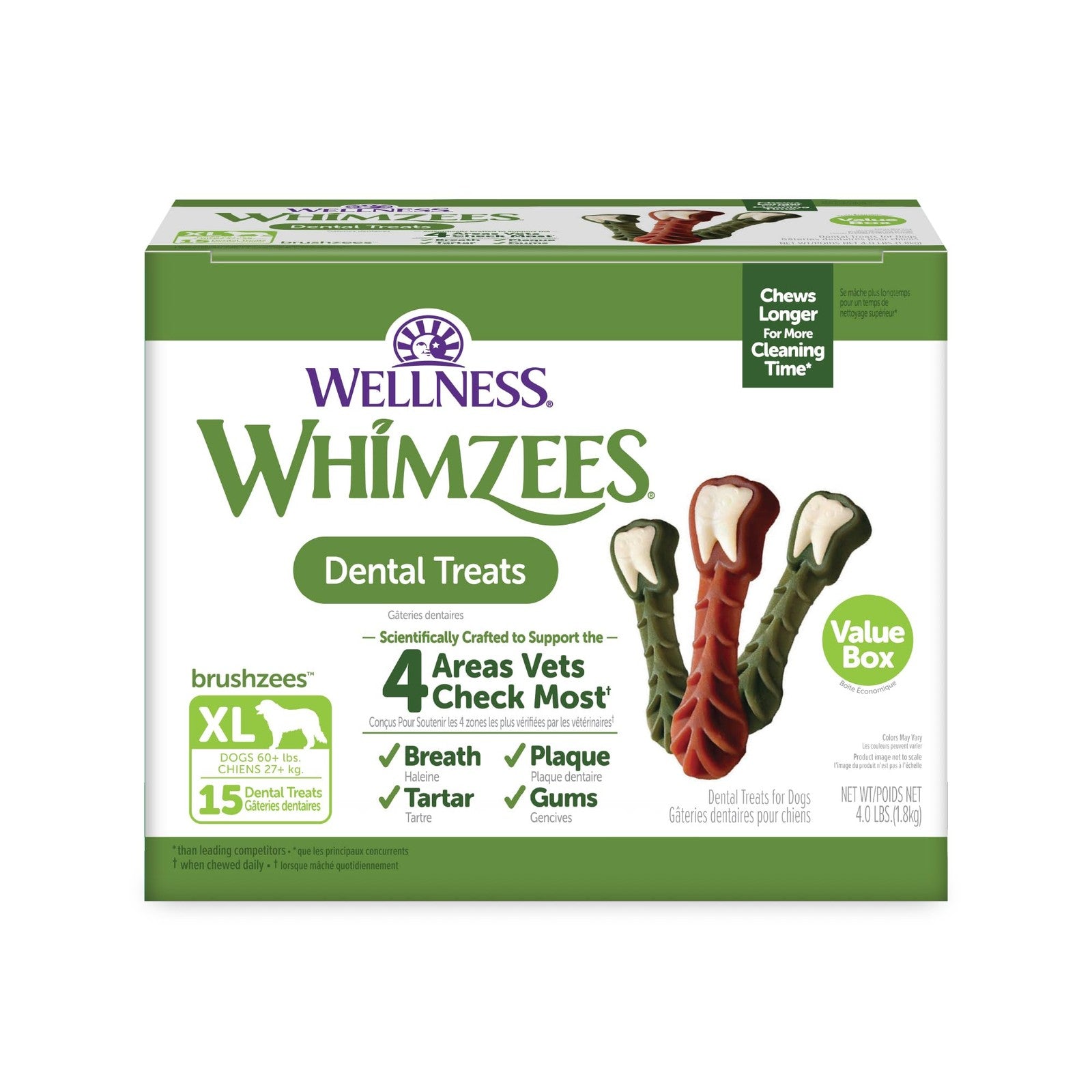 Wellness WHIMZEES Value Box dog dental treats, X-Large size, 15-count, natural chews for healthy teeth and gums.