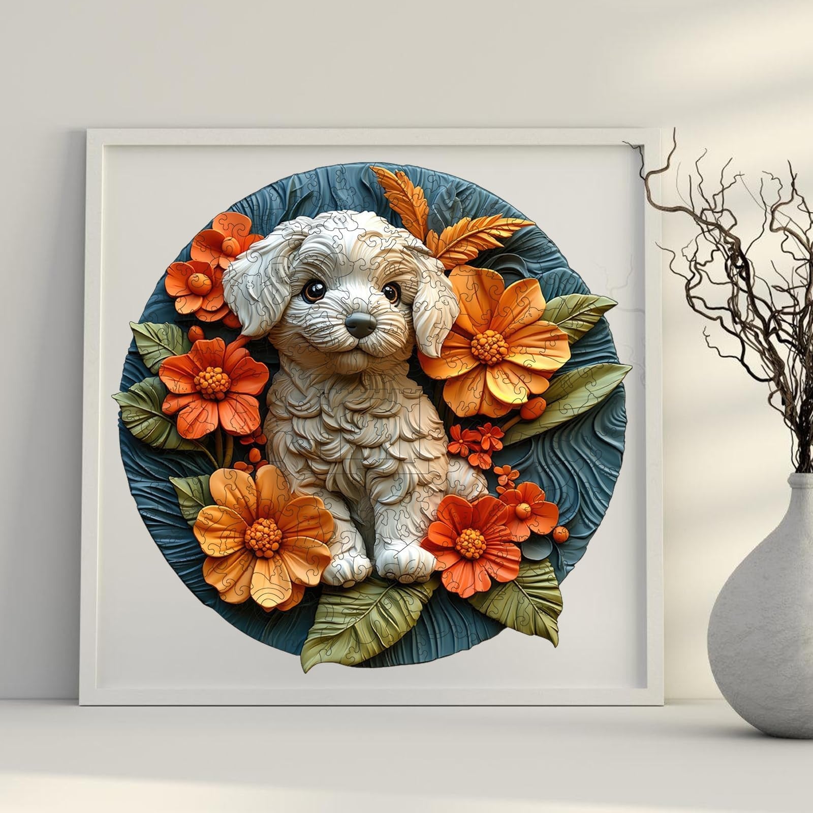 Qiuenisray Valentine's Day wooden puzzle for adults featuring a 500-piece white dog jigsaw with intricate details.