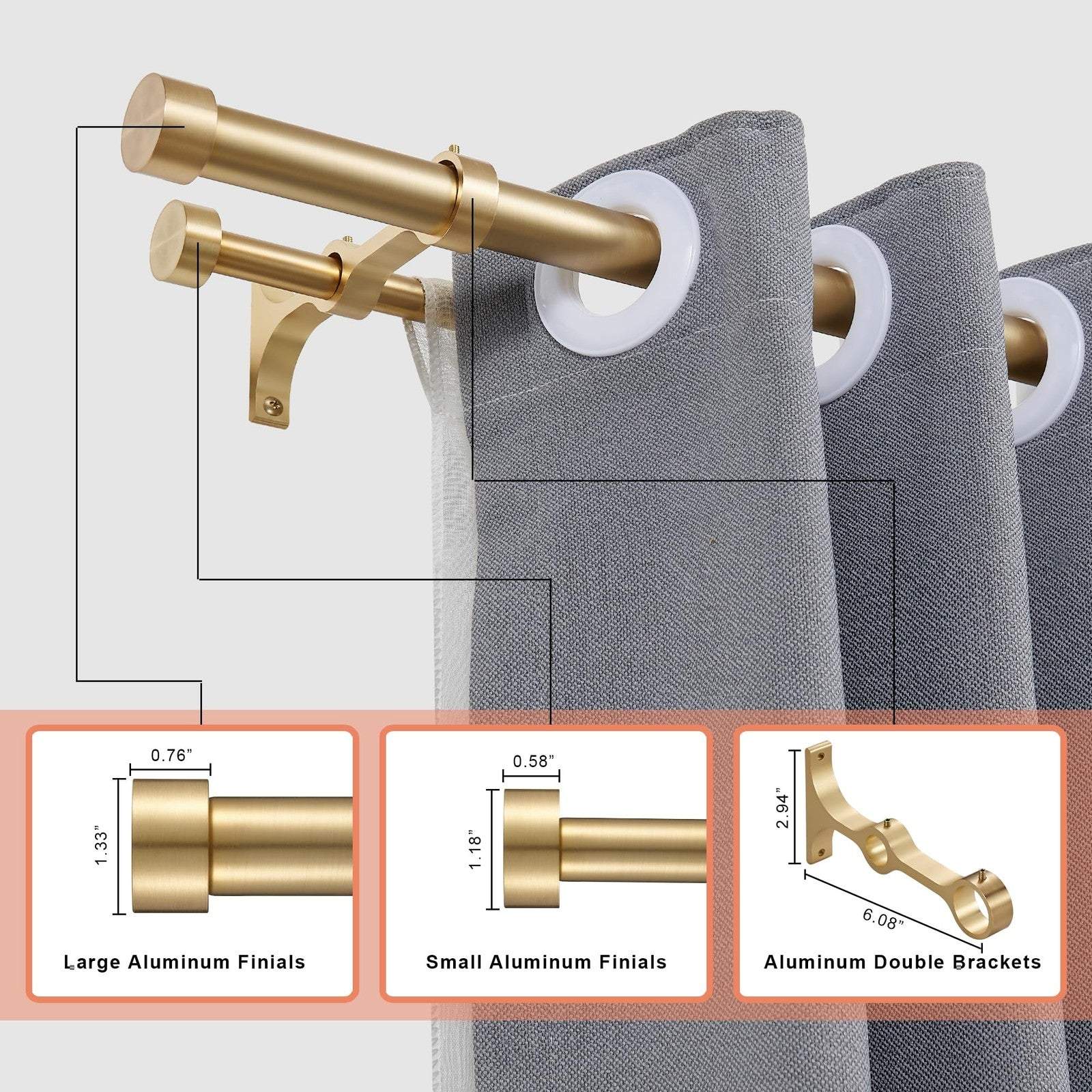 Lwiiom warm gold aluminum double curtain rods adjustable 36-72 inches with end caps and brackets