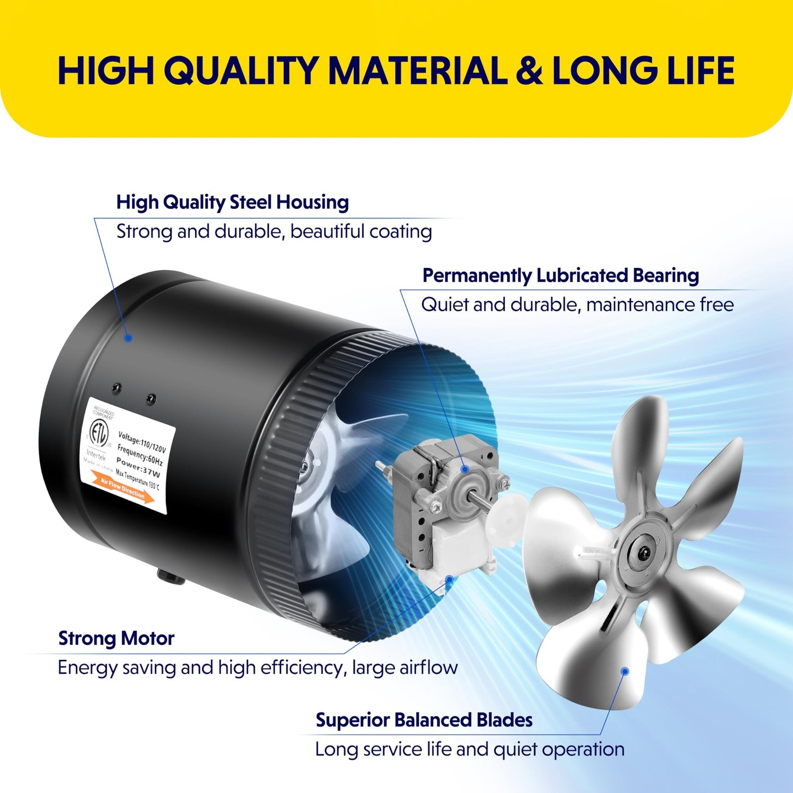 iPower 6-inch inline duct booster fan with speed control and 275 CFM exhaust airflow, shown mounted in ventilation duct.