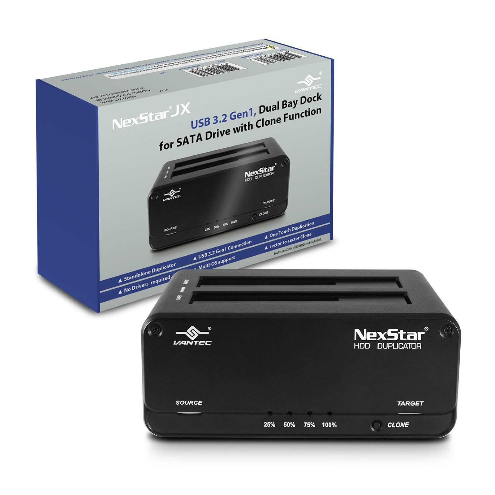 Vantec NexStar JX USB 3.2 Gen1 dual bay SATA III drive dock with clone function, showing front view of device with drives inserted.