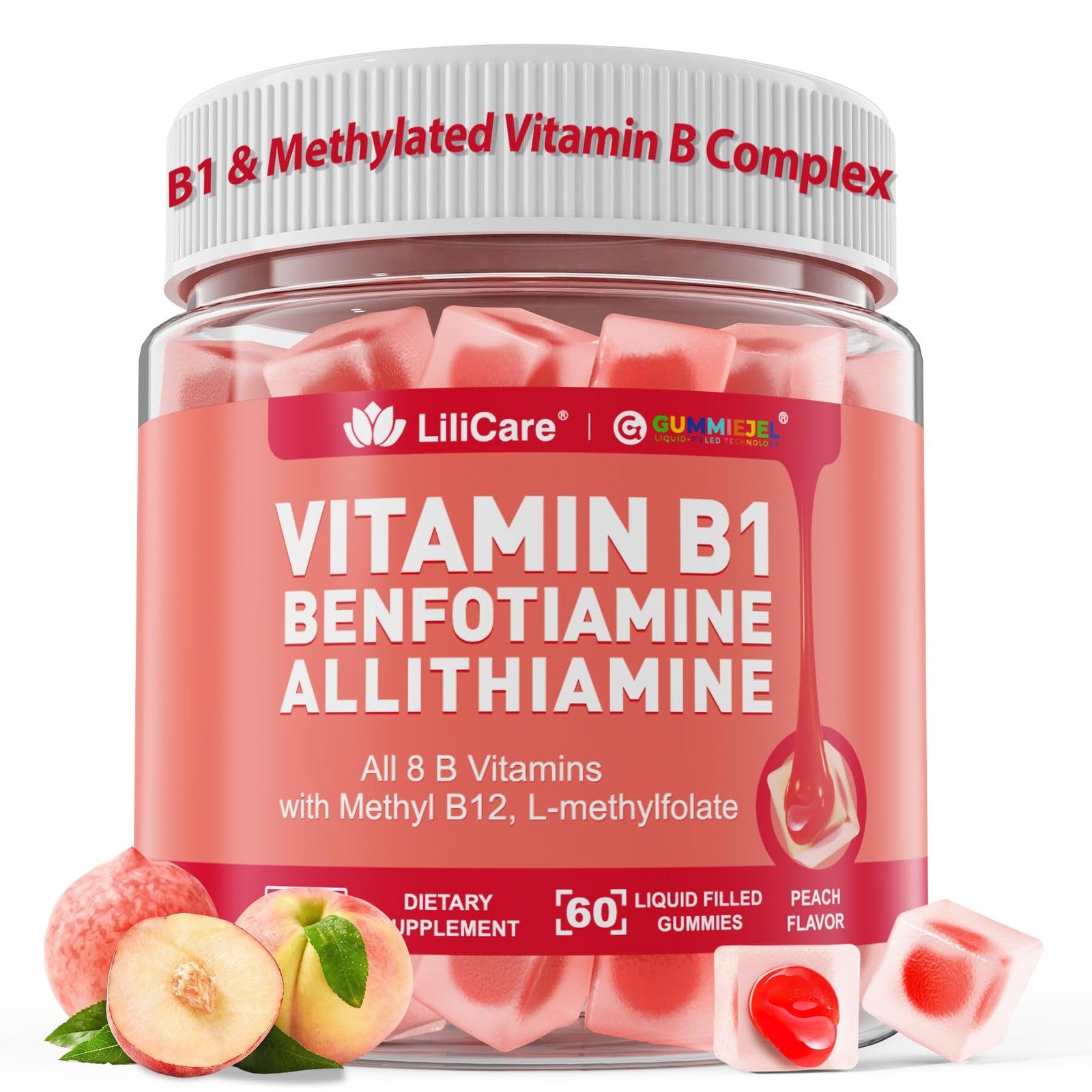 LILICARE Vitamin B1 and B complex gummies with Benfotiamine, showing colorful berry-flavored chewable vitamin supplements.