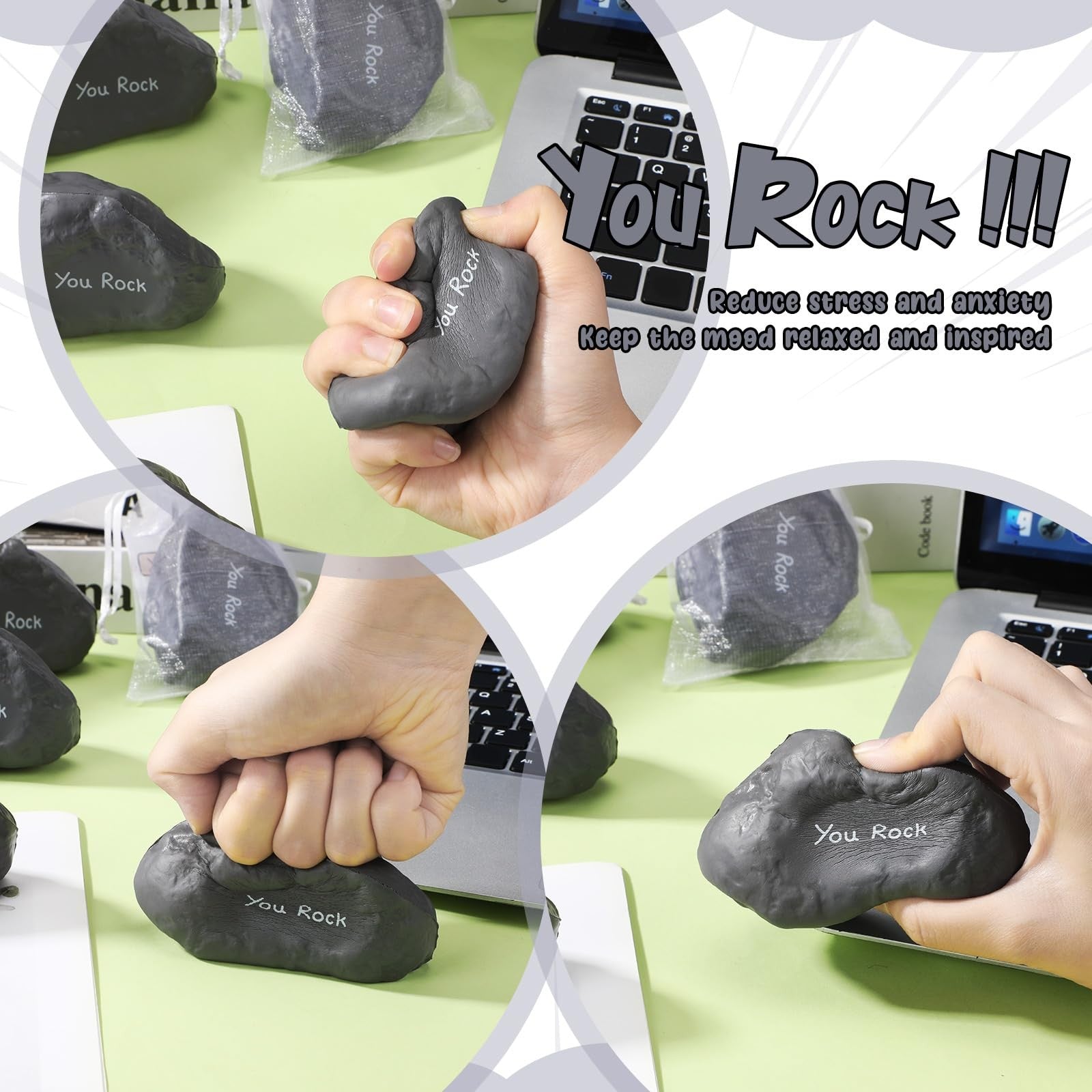 Set of 10 Gemscream inspirational stress balls made of foam stones, in vibrant colors for stress relief and motivation.