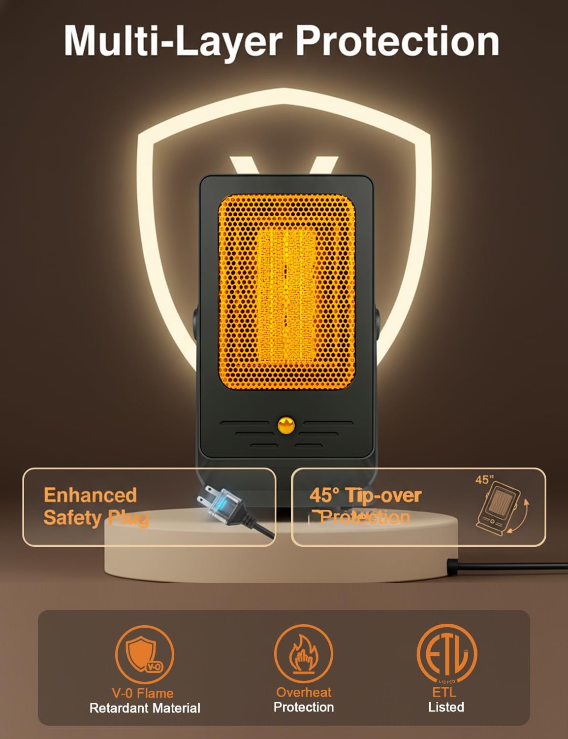 Verminget space heater for indoor use, small desktop PTC heater with fast 2-second heat activation, compact and efficient.