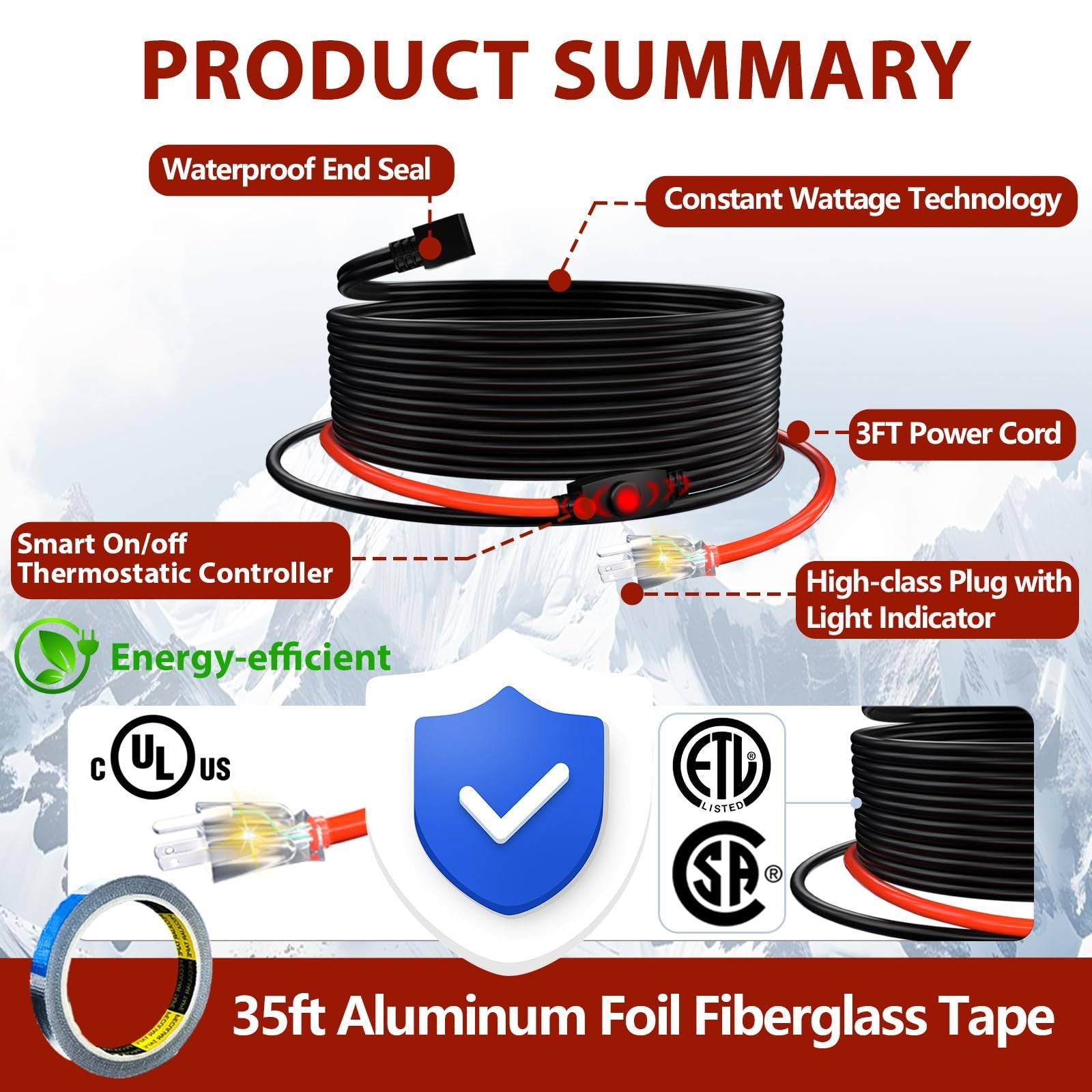 TOPDURE Pipe Heat Cable for water pipe freeze protection, energy-saving heating cable with ETL C certification, shown on pipe.