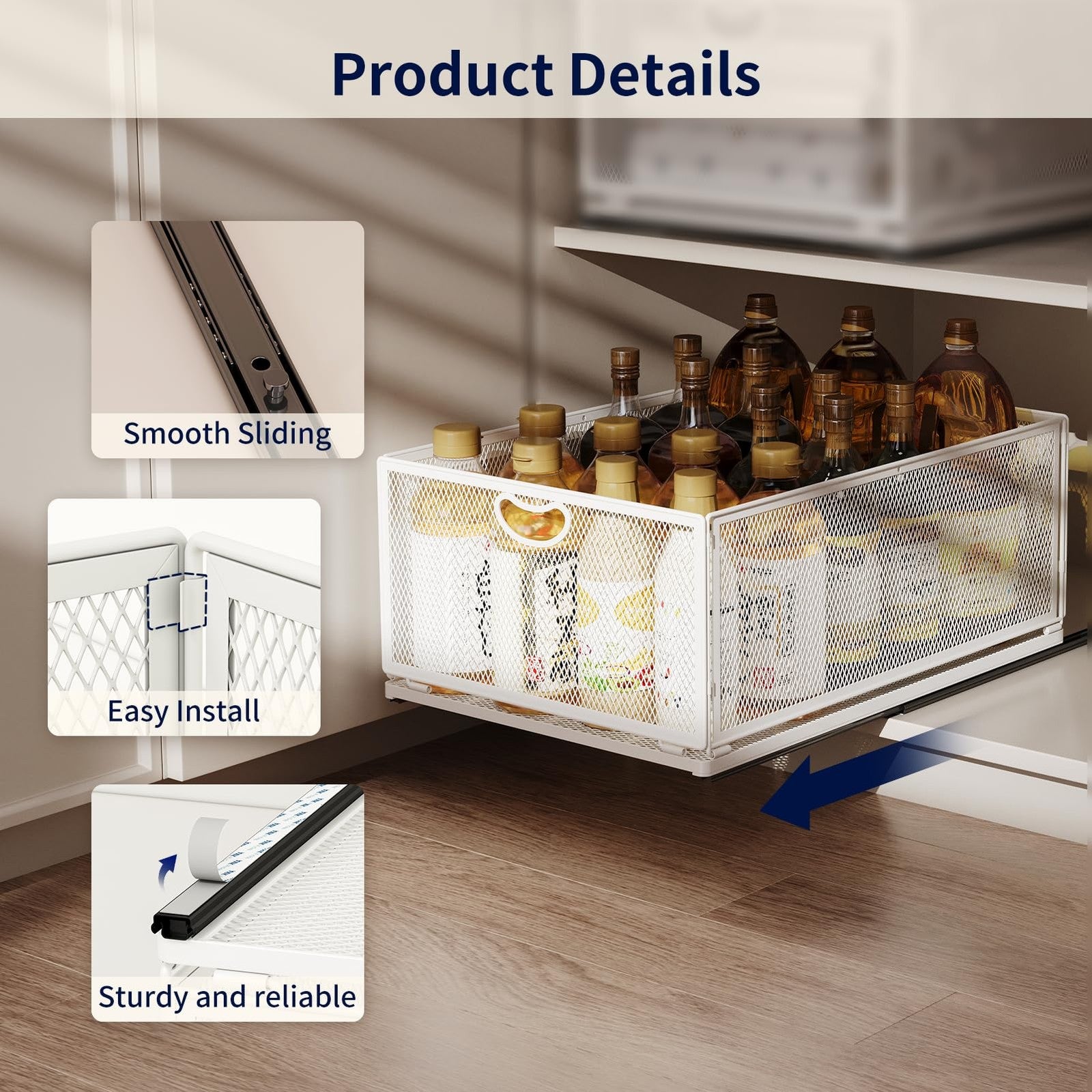 AmzAge pull-out cabinet organizer with sliding drawers and no drill adhesive for kitchen storage.