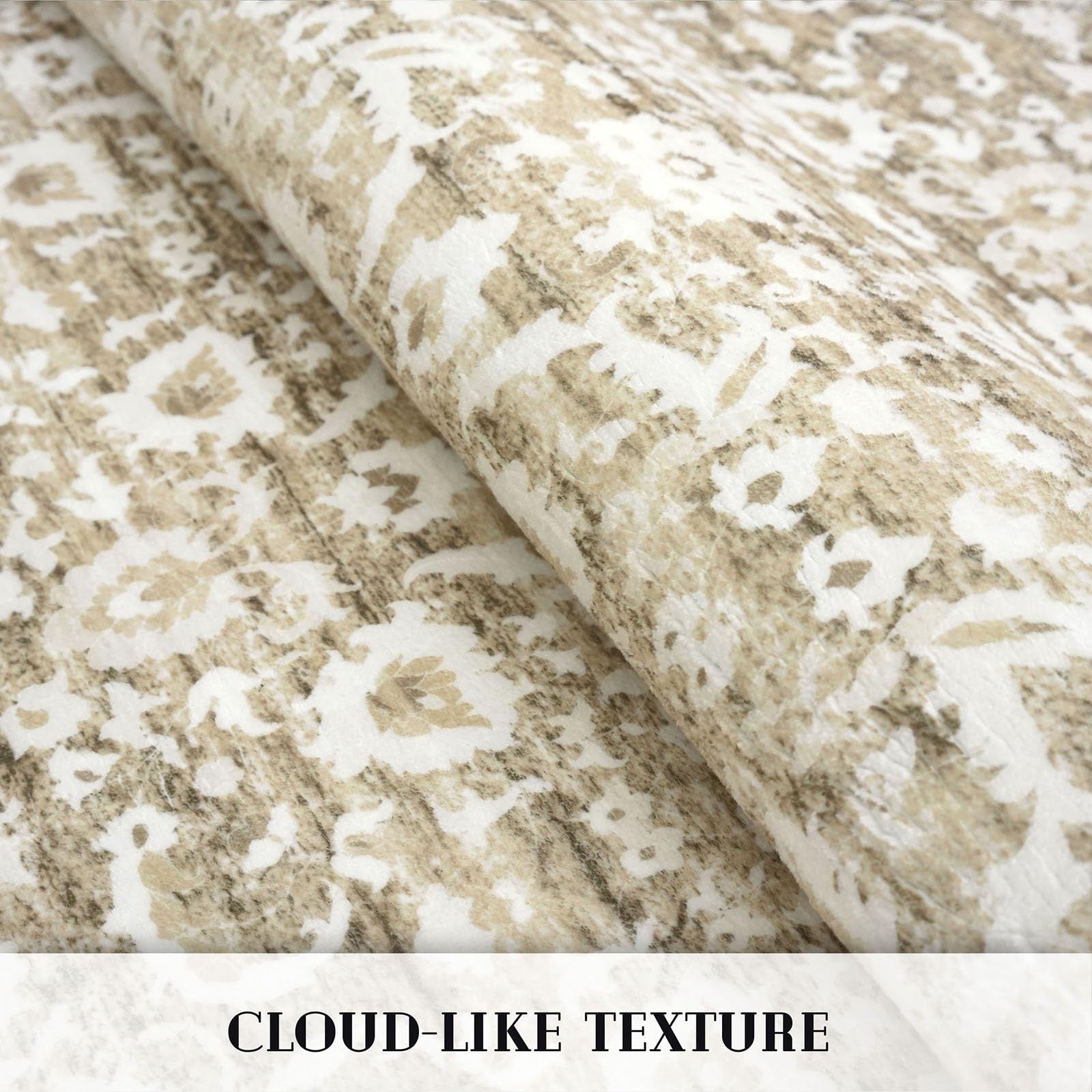 Lansny vintage floral 2x7 beige and tan washable kitchen runner rug with non-slip backing, featuring white floral pattern.