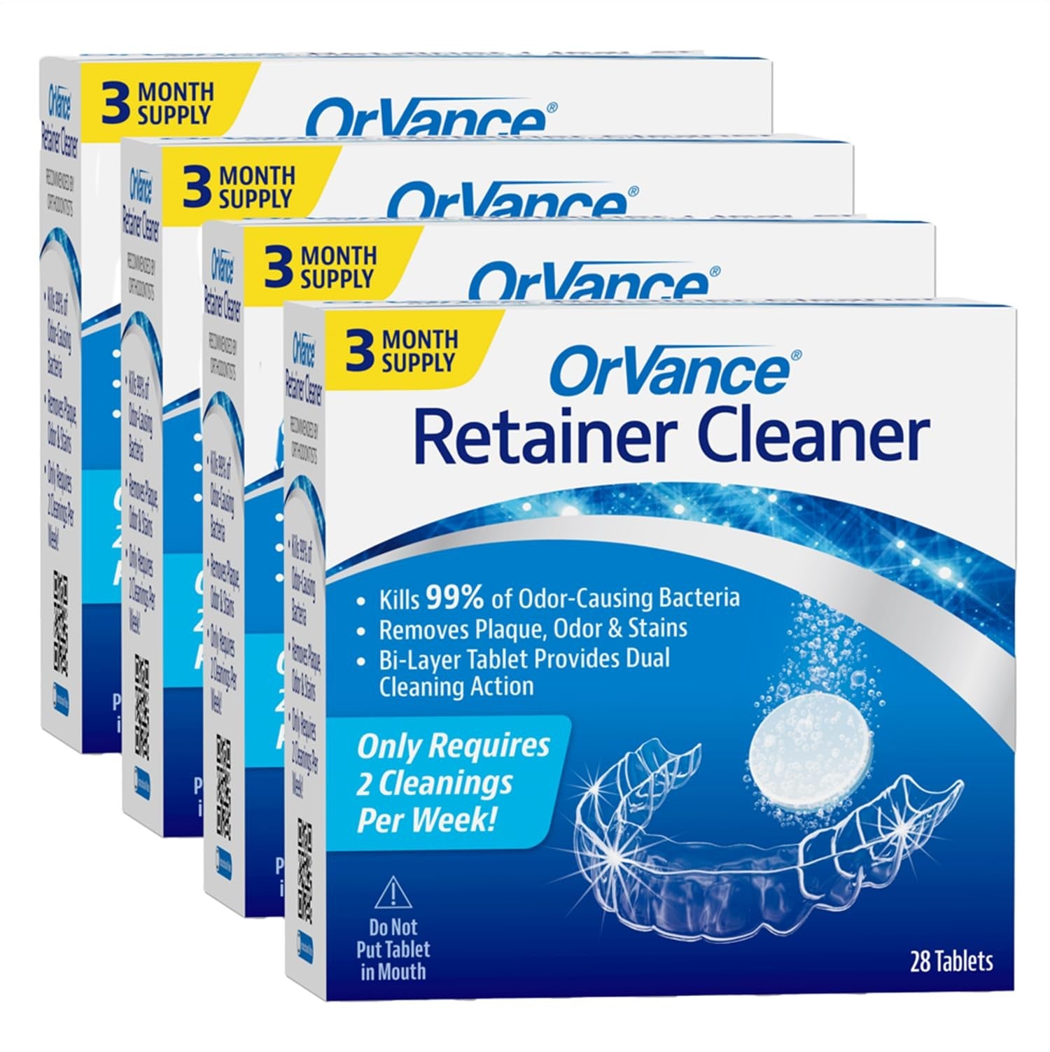 Box of Orvance retainer cleaner tablets for a one-year supply, designed for cleaning retainers twice weekly.