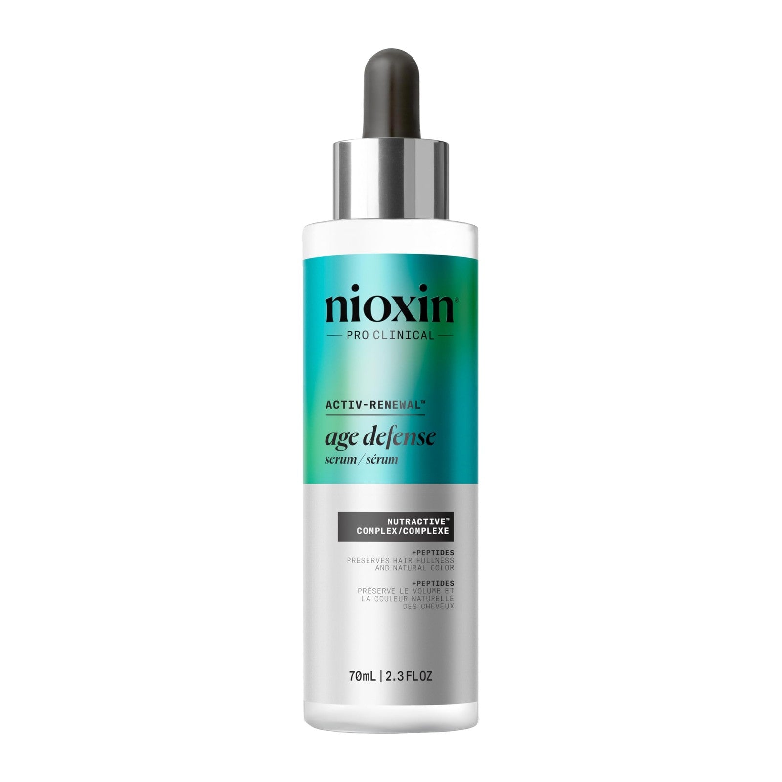 Nioxin Age Defense Anti-Aging Hair Serum and scalp treatment with peptide for thinning hair and scalp revitalization.