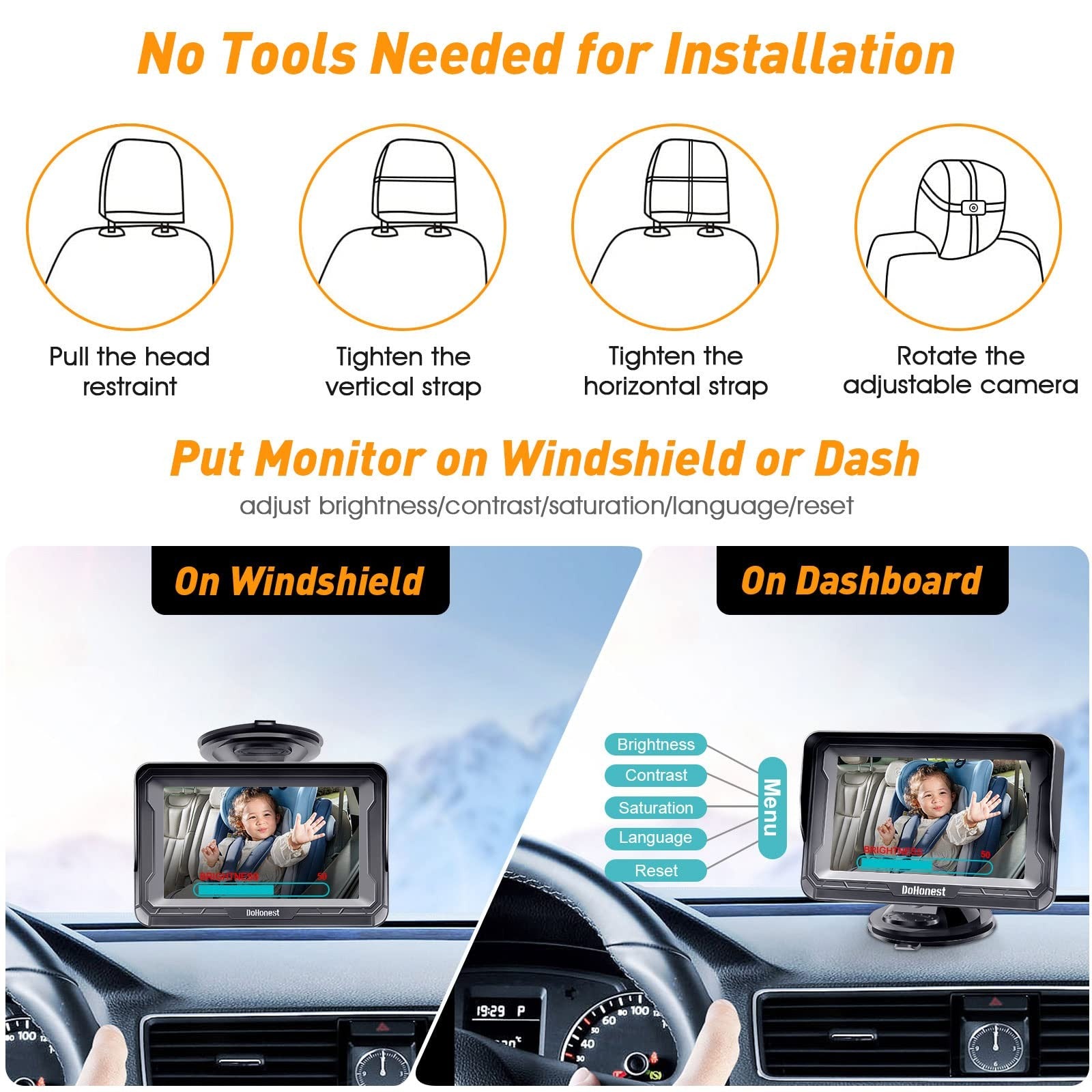 DoHonest Baby Car Camera HD 1080P rear-facing car monitor with night vision, showing the camera mounted inside a vehicle.