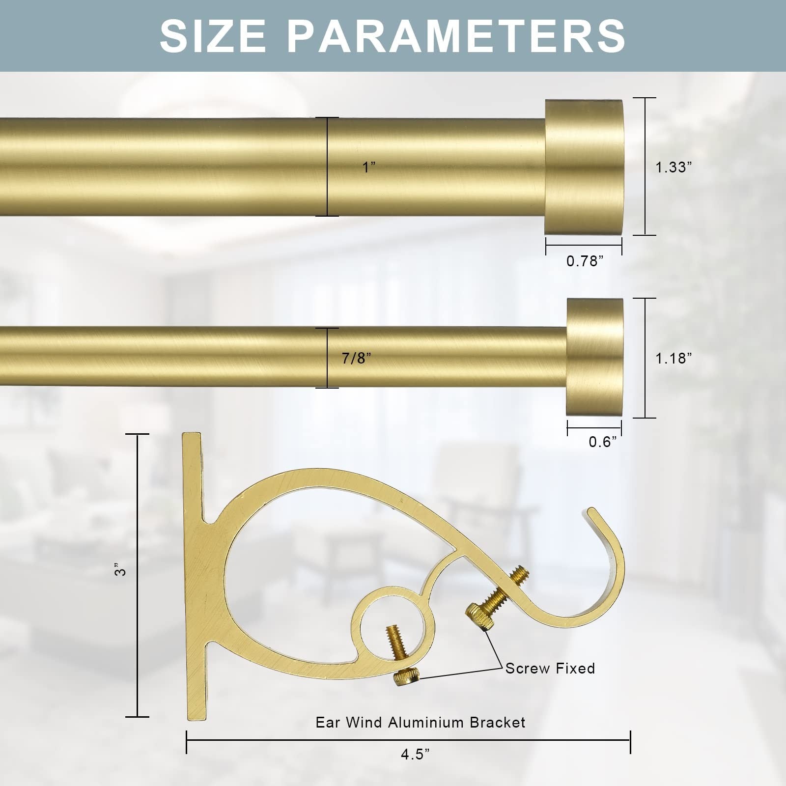 Lwiiom brass double blackout curtain rod in black, adjustable from 36 to 72 inches with a 1-inch front rod for window curtains.