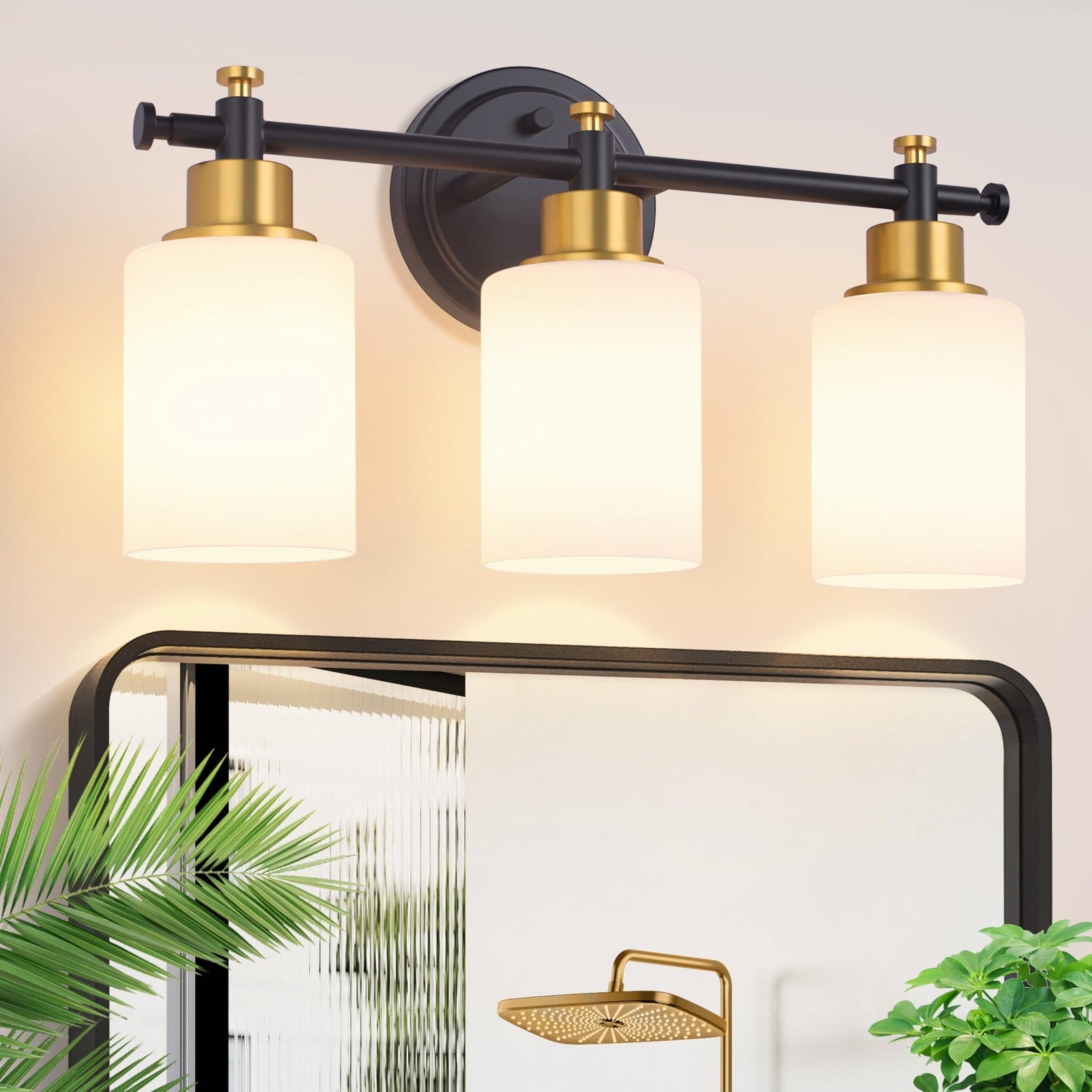 Imizdlum 3-light bathroom vanity light fixture with black and gold finish, modern design, mounted on a wall with exposed bulbs.