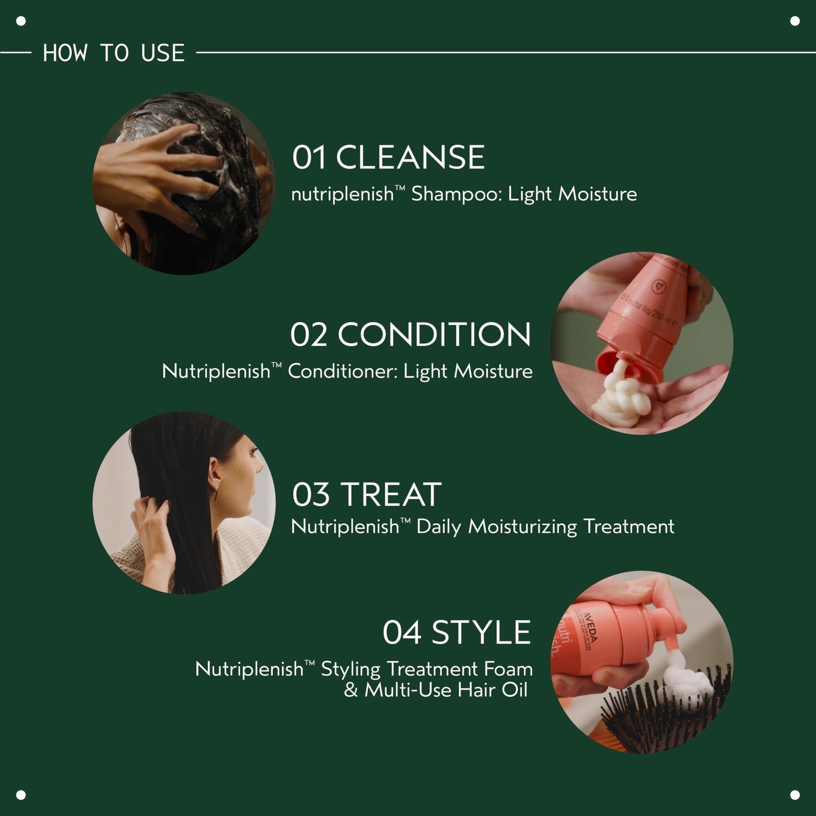 Aveda Nutriplenish Styling Treatment Foam with soft hold, applied on medium hair for lightweight, nourishing styling.
