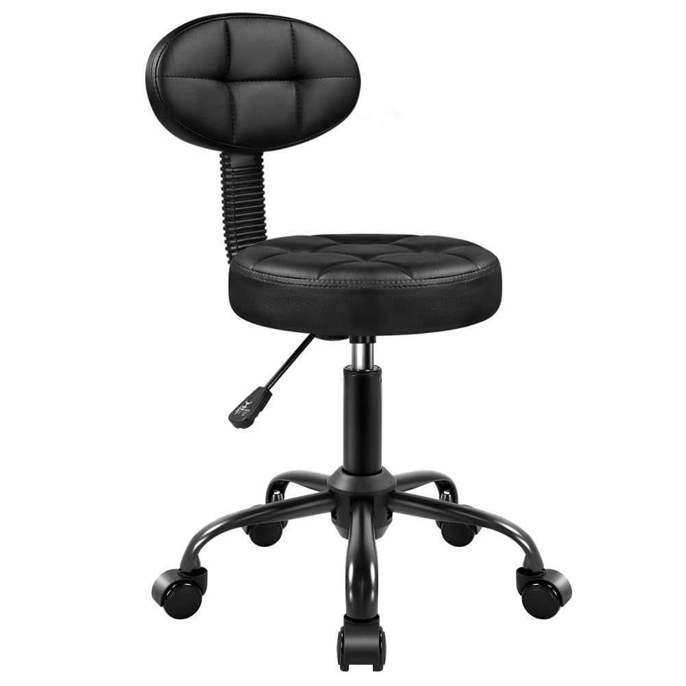 BFTOU round adjustable stool with backrest, ideal for work, spa, or home massage, featuring a sleek design and height adjustability.