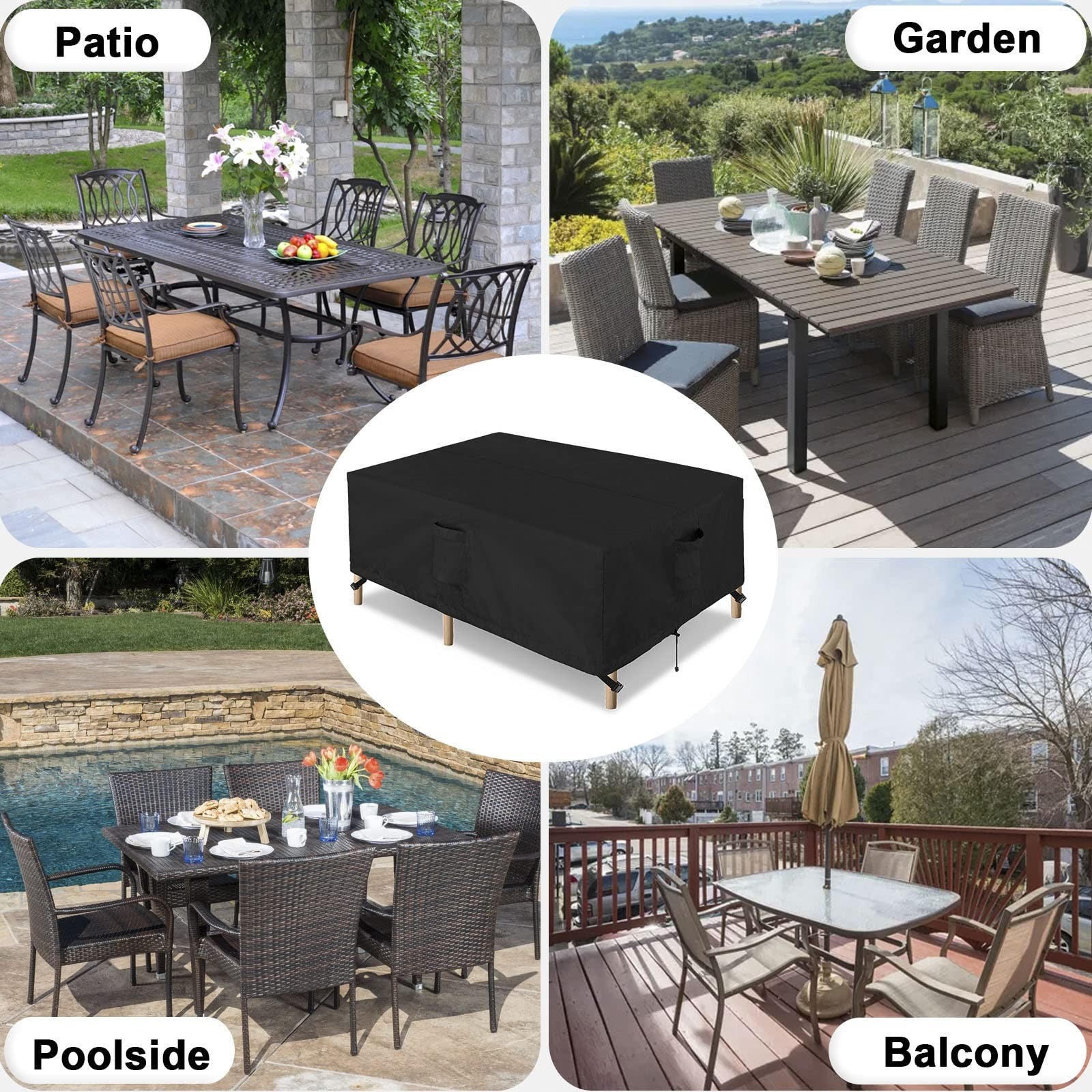 OutdoorLines waterproof patio table furniture cover for rectangular outdoor table, protects against weather and outdoor elements.