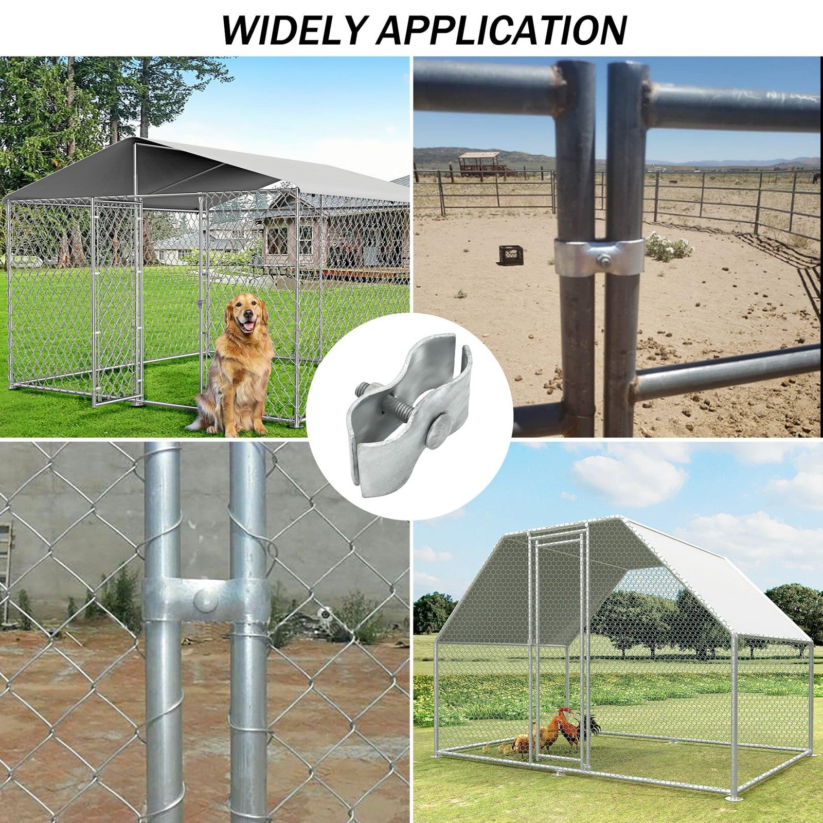 Set of galvanized chain link fence parts including 18 dog kennel panel clamps, 1-3/8 inch size, for chain link fencing.