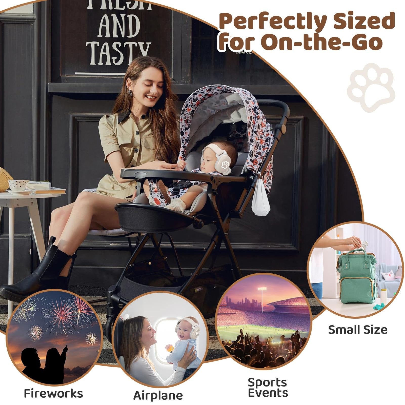 YomauiYee baby headphones with noise-canceling earmuffs in cute cat paw pattern, designed for infants' hearing protection.